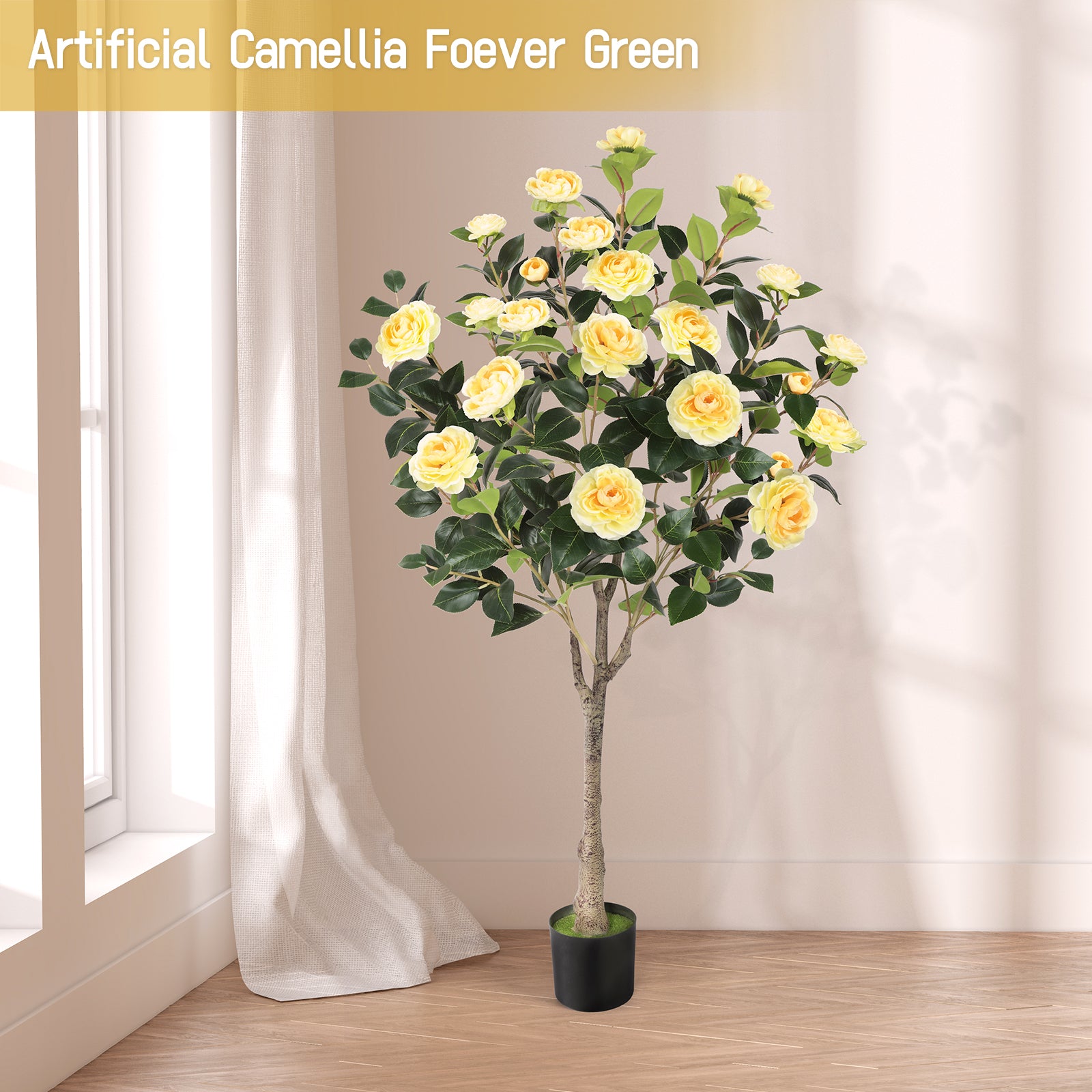 4ft Artificial Camellia Tree with Vibrant Yellow Flowers, Lifelike Potted Faux Plant for Indoor & Outdoor Home Decor, Porch & Office