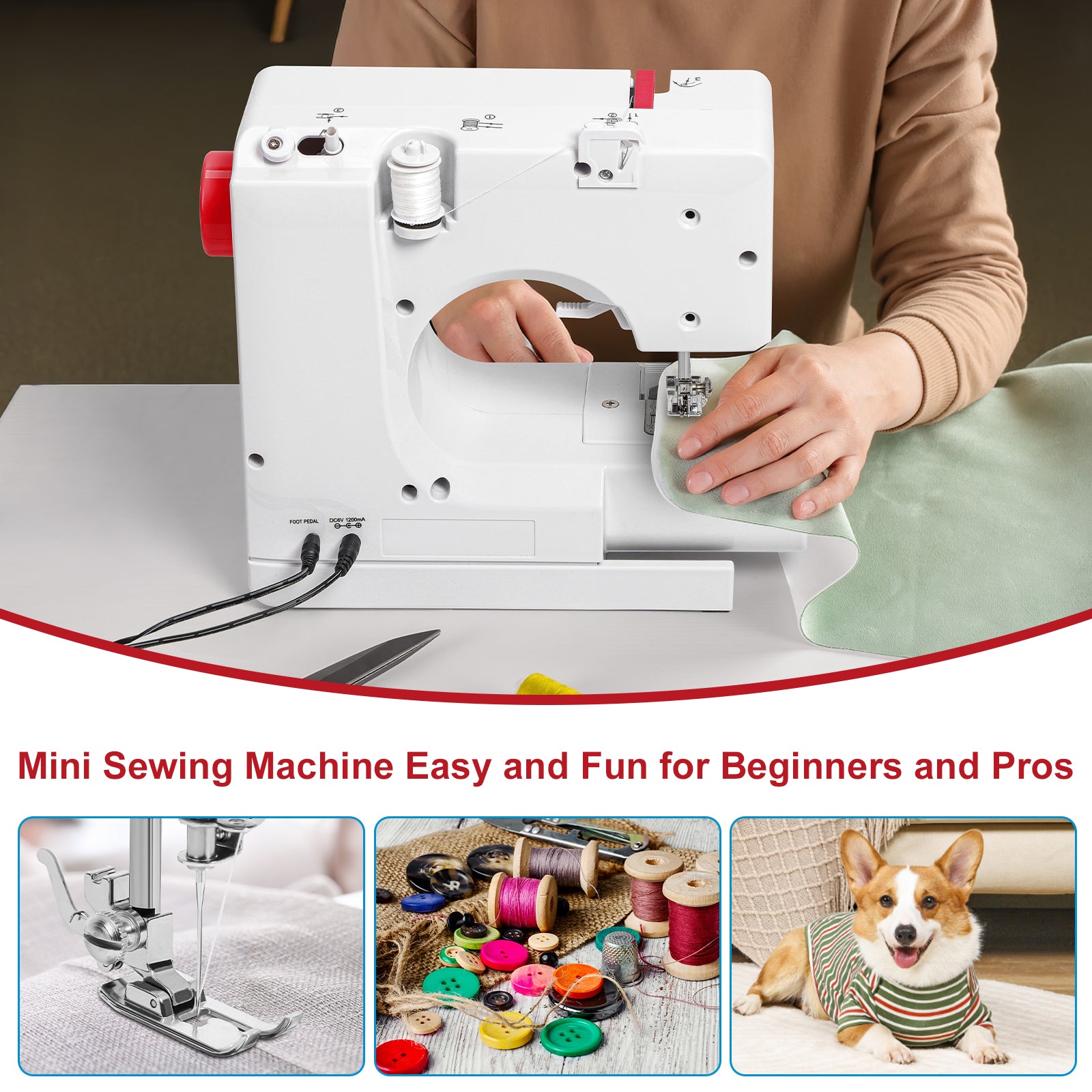 Portable Mini Sewing Machine for Beginners & Kids, 12 Built-in Stitches Electric Household Sewing Machine with 2-Speed Control, Foot Pedal & LED Light, Heavy Duty Mending Stitching Machine, White & Red