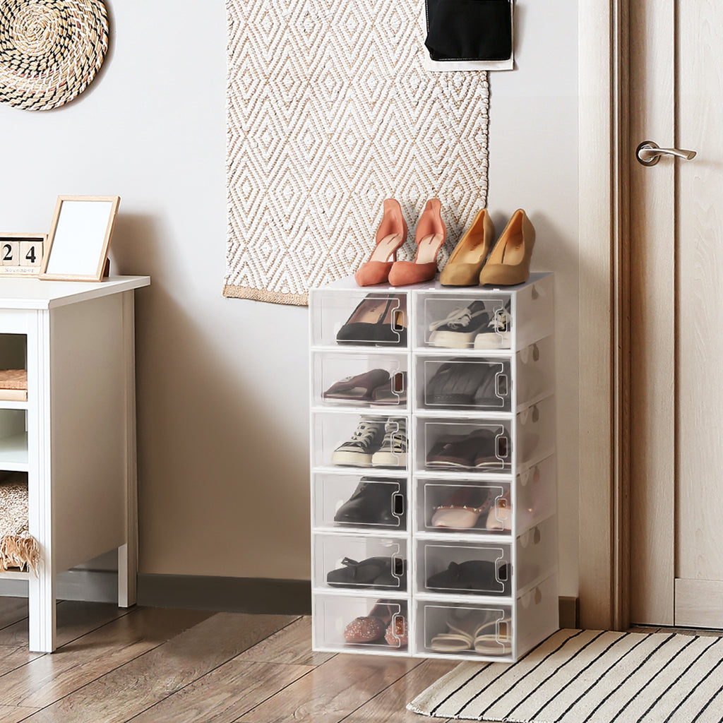 Set of 12 Stackable Clear Plastic Shoe Storage Bins with Lids, Versatile Sneaker and Closet Organizers