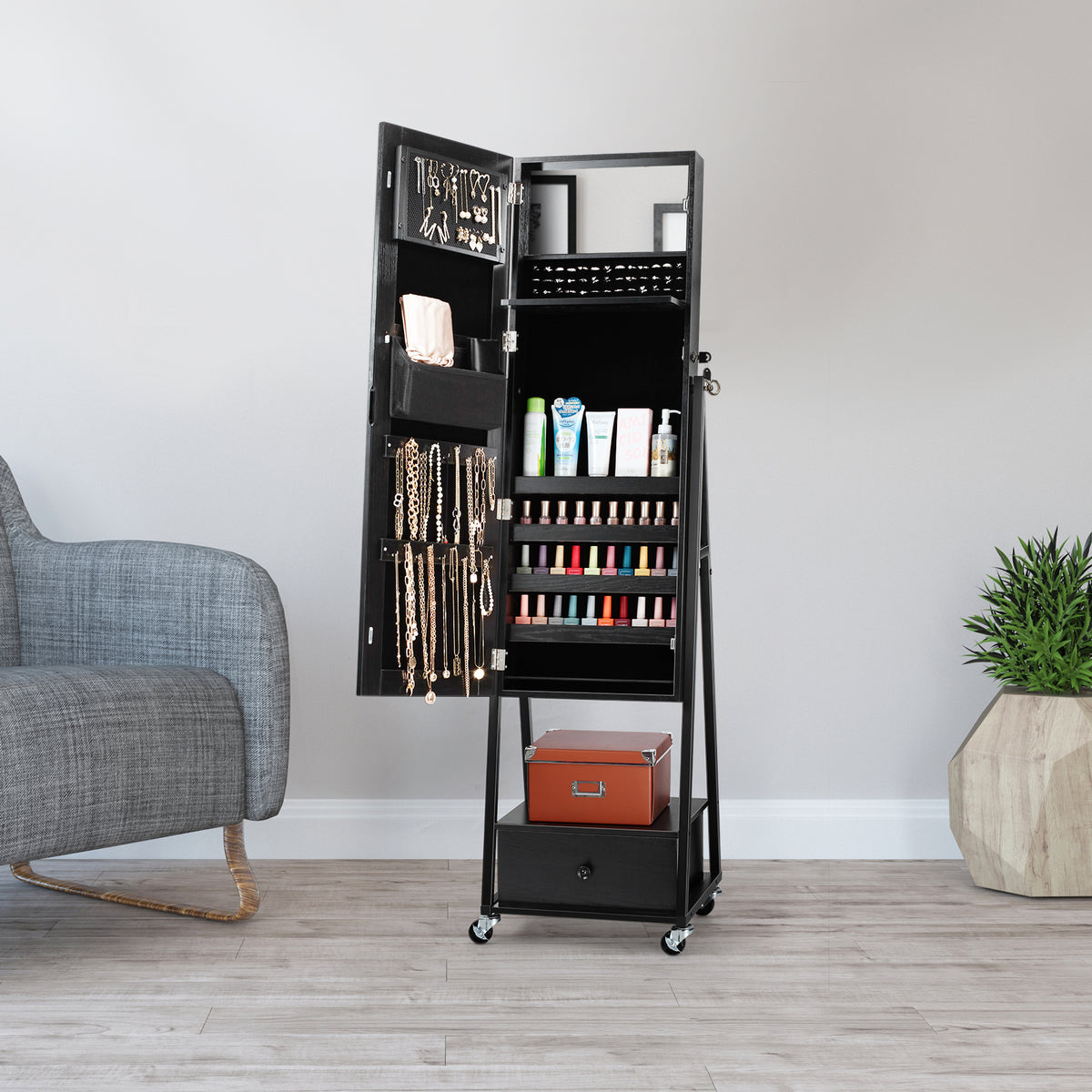 Floor Standing Jewelry Cabinet Armoire - Large Capacity Storage with Interior Mirror and Drawer