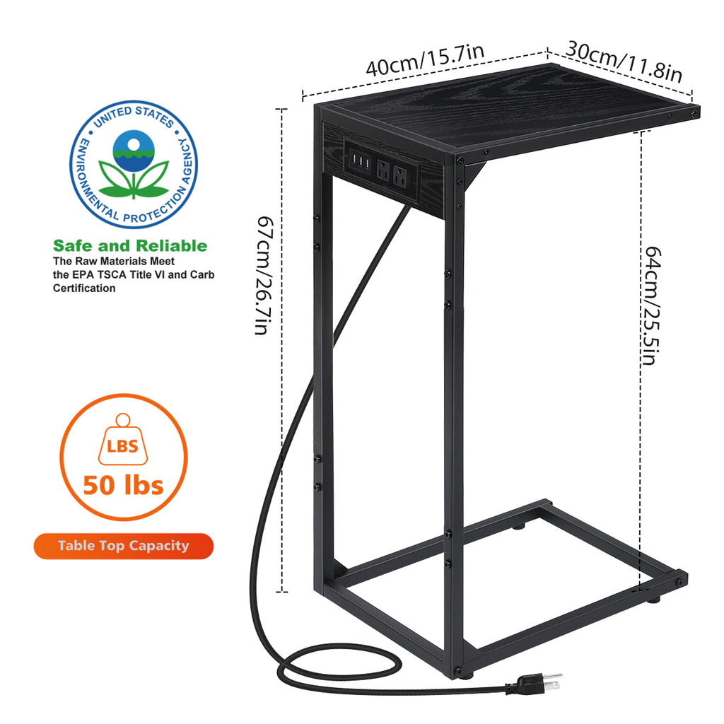 2-Pack C-Shaped Side Tables with Charging Station, USB & Power Outlet Sofa End Tables, Black