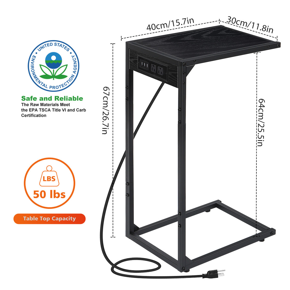 2-Pack C-Shaped Side Tables with Charging Station, USB & Power Outlet Sofa End Tables, Black