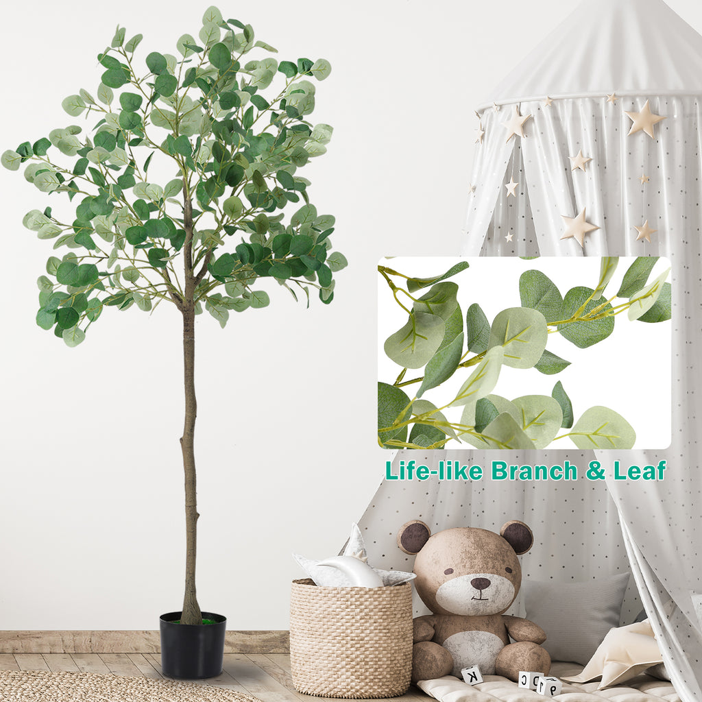 6FT Tall Artificial Eucalyptus Tree - Realistic Faux Silk Potted Plant for Indoor Decor