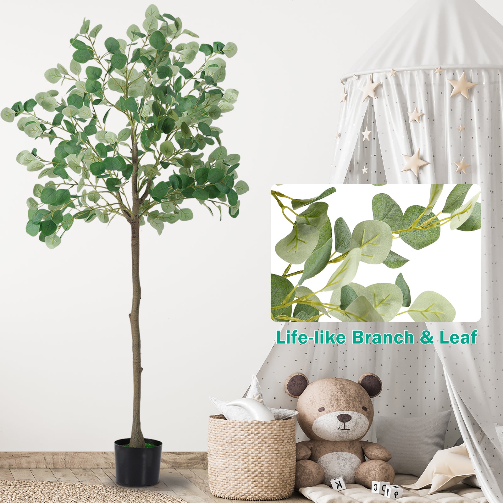 6FT Tall Artificial Eucalyptus Tree - Realistic Faux Silk Potted Plant for Indoor Decor