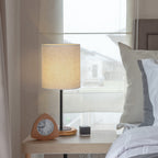 Modern Bedside Desk Lamp with Wooden Base， Nightstand Lamp with Linen Shade for Dorm and Home.