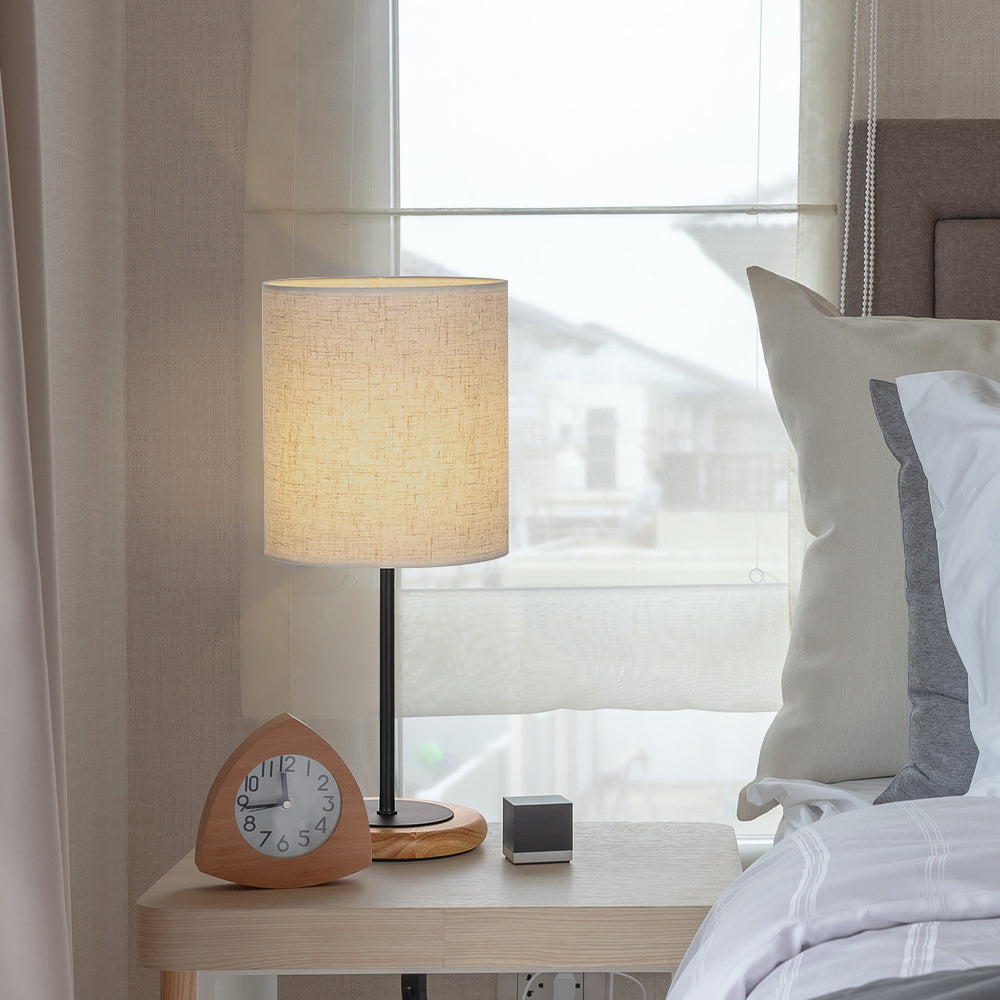 Modern Bedside Desk Lamp with Wooden Base， Nightstand Lamp with Linen Shade for Dorm and Home.