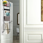 Over The Door Towel Rack with Basket, 5-Tier Hanging Towel Bar with Hooks for Bathroom Organization
