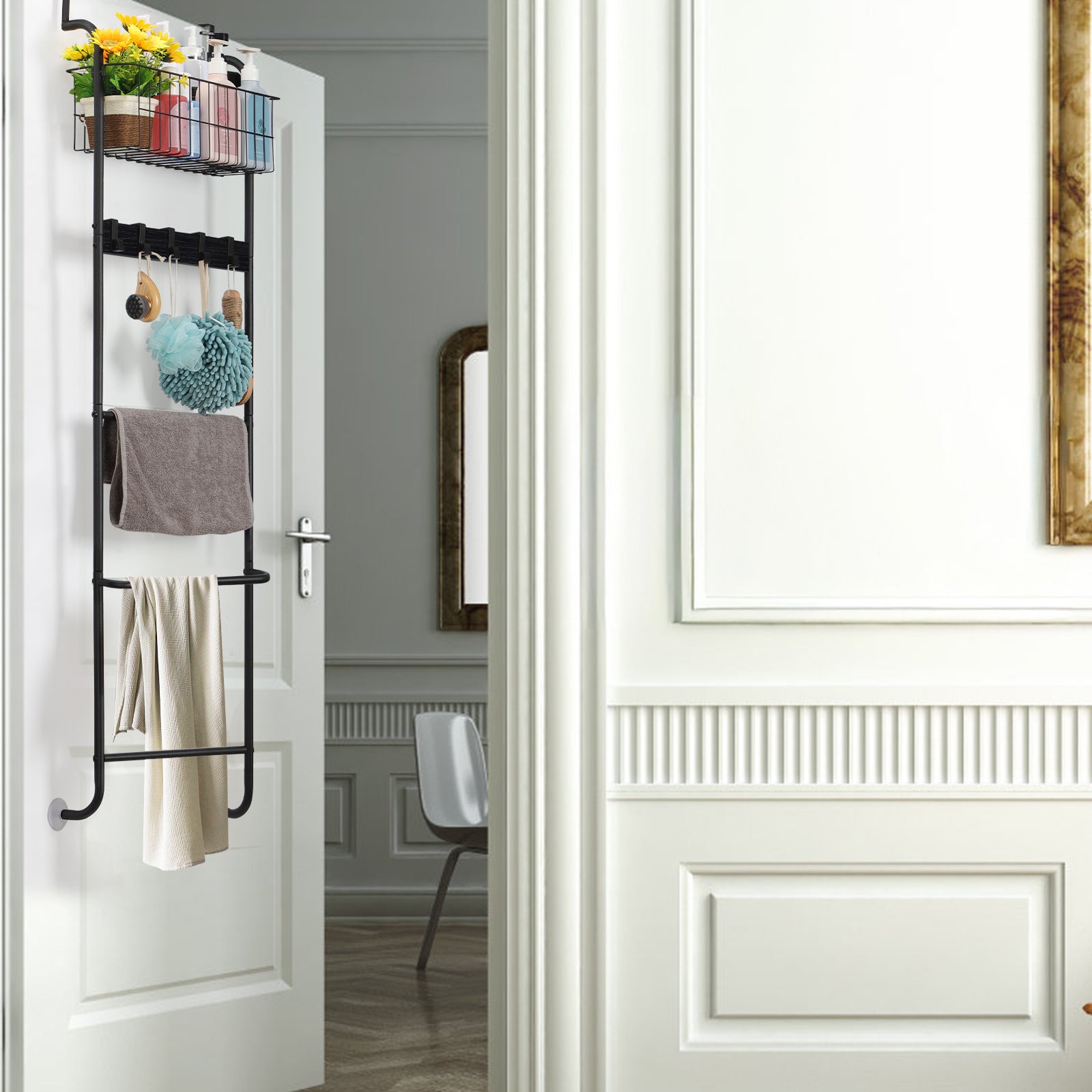 Over The Door Towel Rack with Basket, 5-Tier Hanging Towel Bar with Hooks for Bathroom Organization