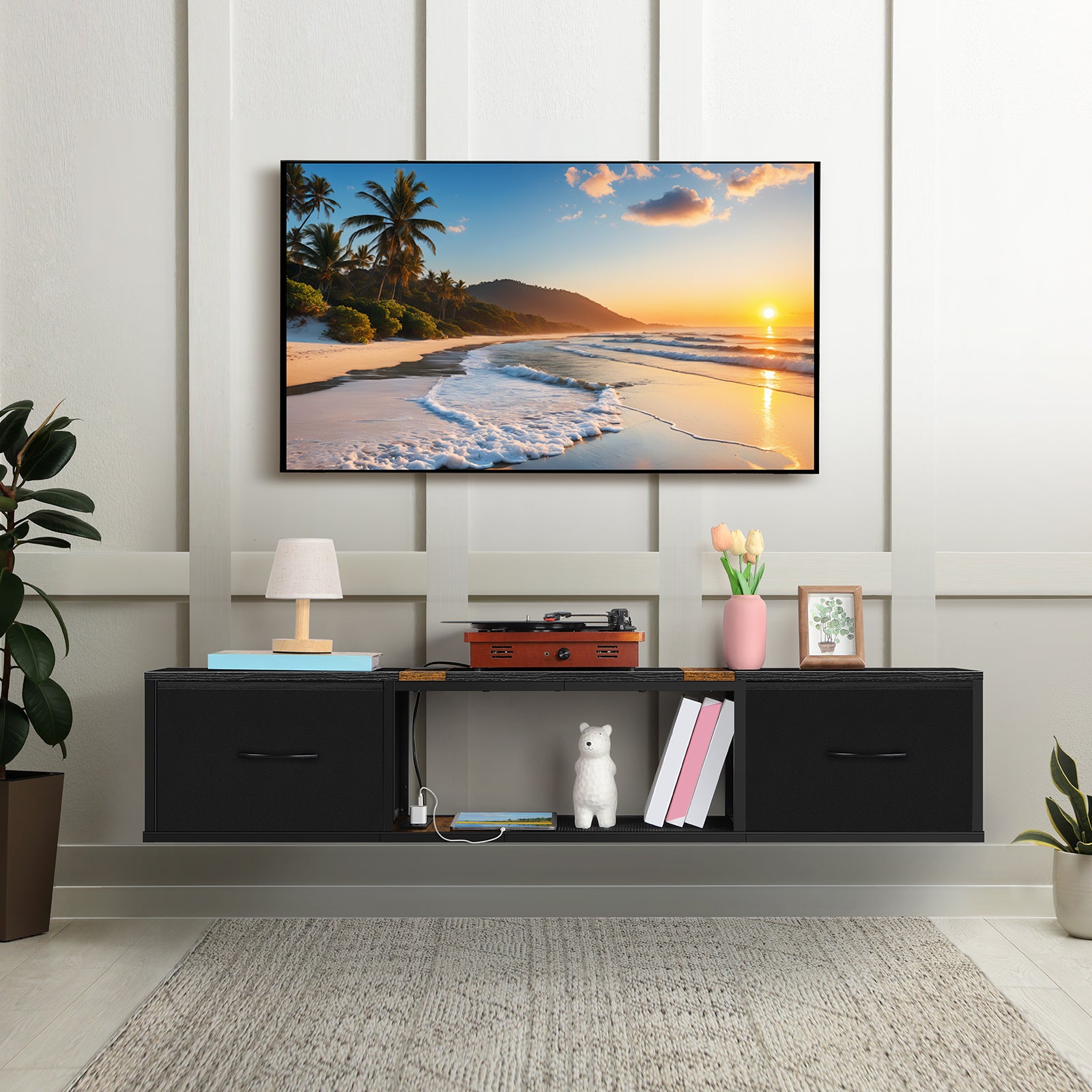 Floating TV Stand with Power Outlets - Wall Mount Entertainment Center for 50" TVs, Black