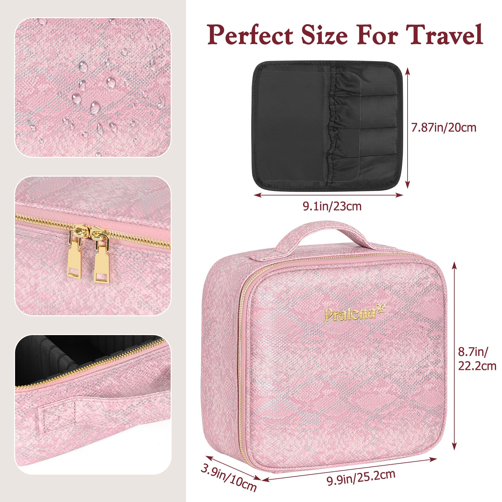 LED Makeup Travel Case with Mirror, 3 Adjustable Light Modes Portable Cosmetic Bag with Adjustable Dividers, Waterproof Pink Snake-Print Makeup Organizer for Women