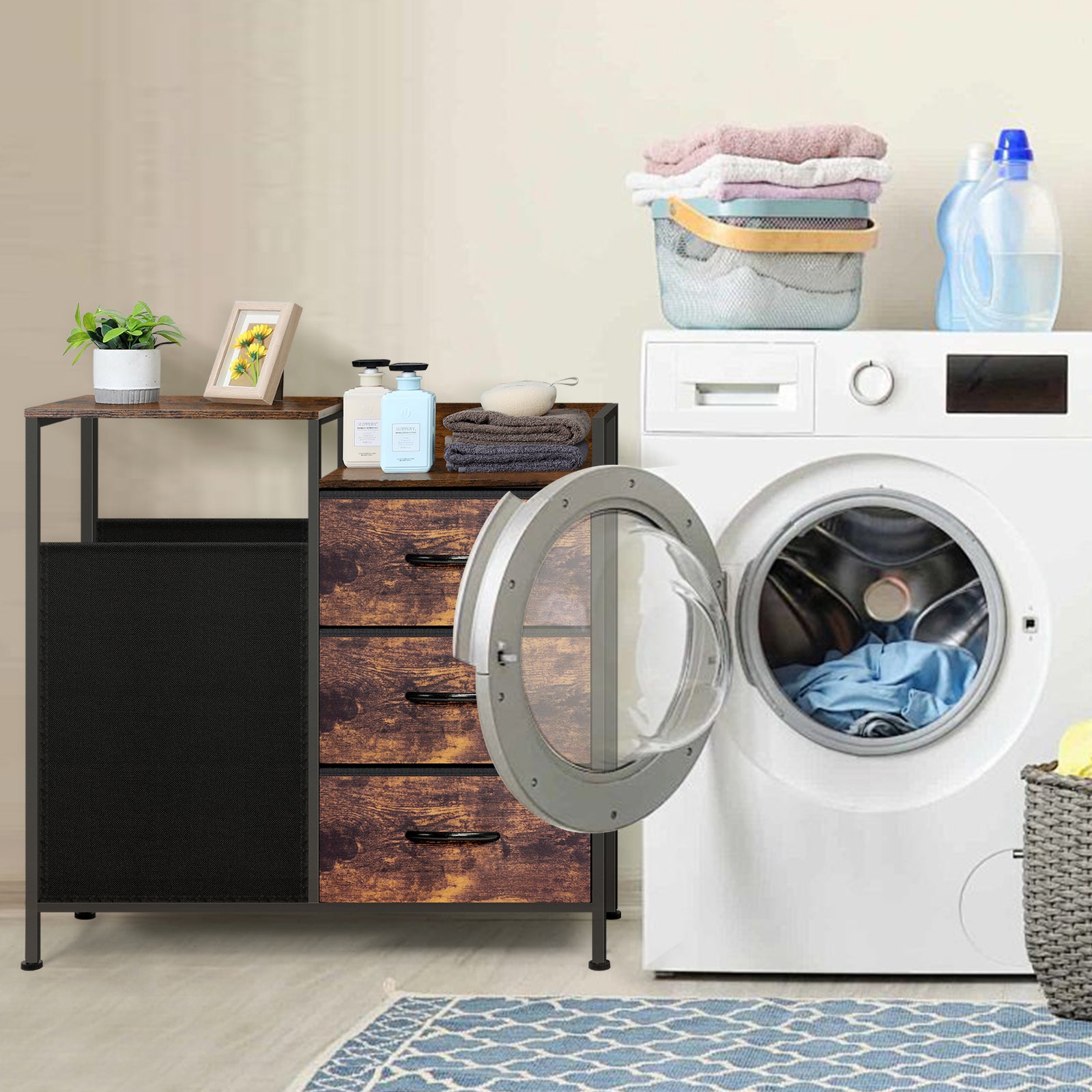 Retro Brown Laundry Sorter with 3-Tier Sliding Folding Storage Baskets - Stylish Organizer for Bathroom, Laundry Room, Toilet, Bedroom, and Living Room - Perfect for Sorting Dirty Laundry and Towels