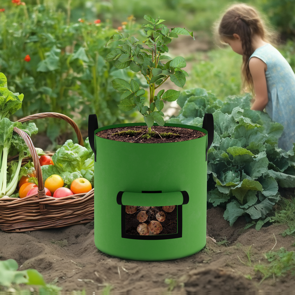 4-Pack Green Non-Woven Planting Containers with Observation Flap, Heavy Duty Aeration Pots with Reinforced Handles for Garden Vegetables and Flowers