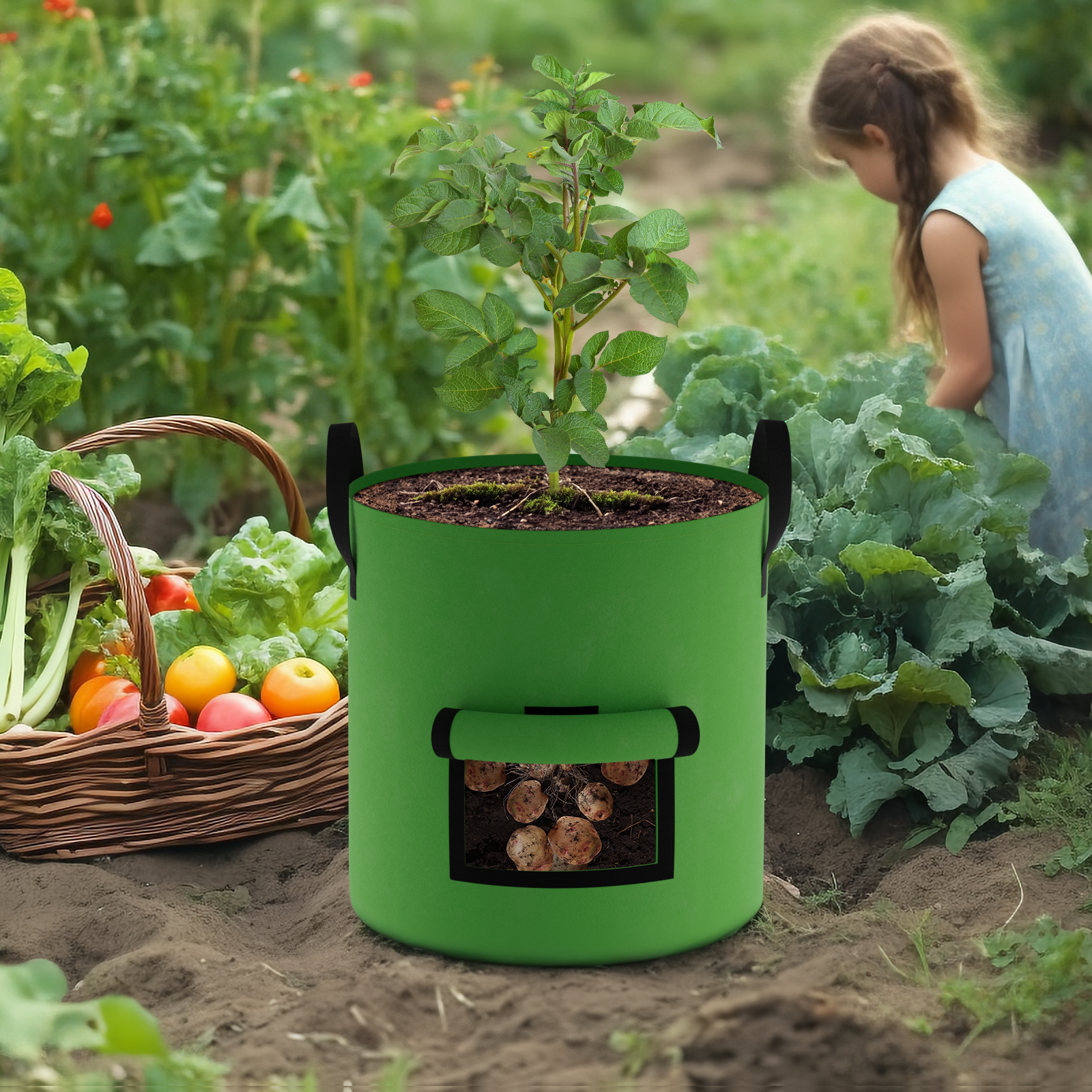 4-Pack Green Non-Woven Planting Containers with Observation Flap, Heavy Duty Aeration Pots with Reinforced Handles for Garden Vegetables and Flowers