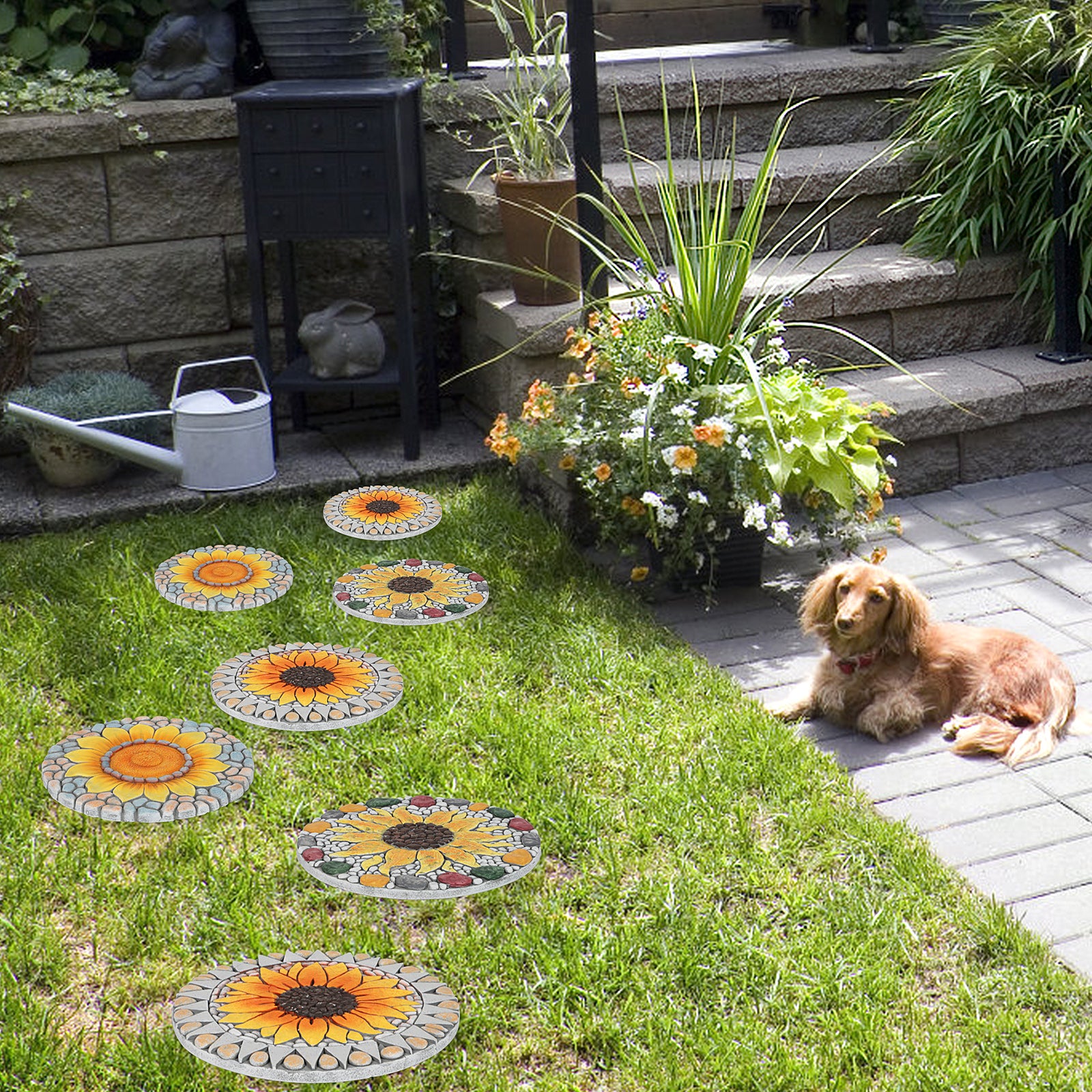 3-Pack Sunflower Decorative Garden Stepping Stones, 10-Inch Round Non-Slip Resin Path Stones for Yard Patio & Walkway