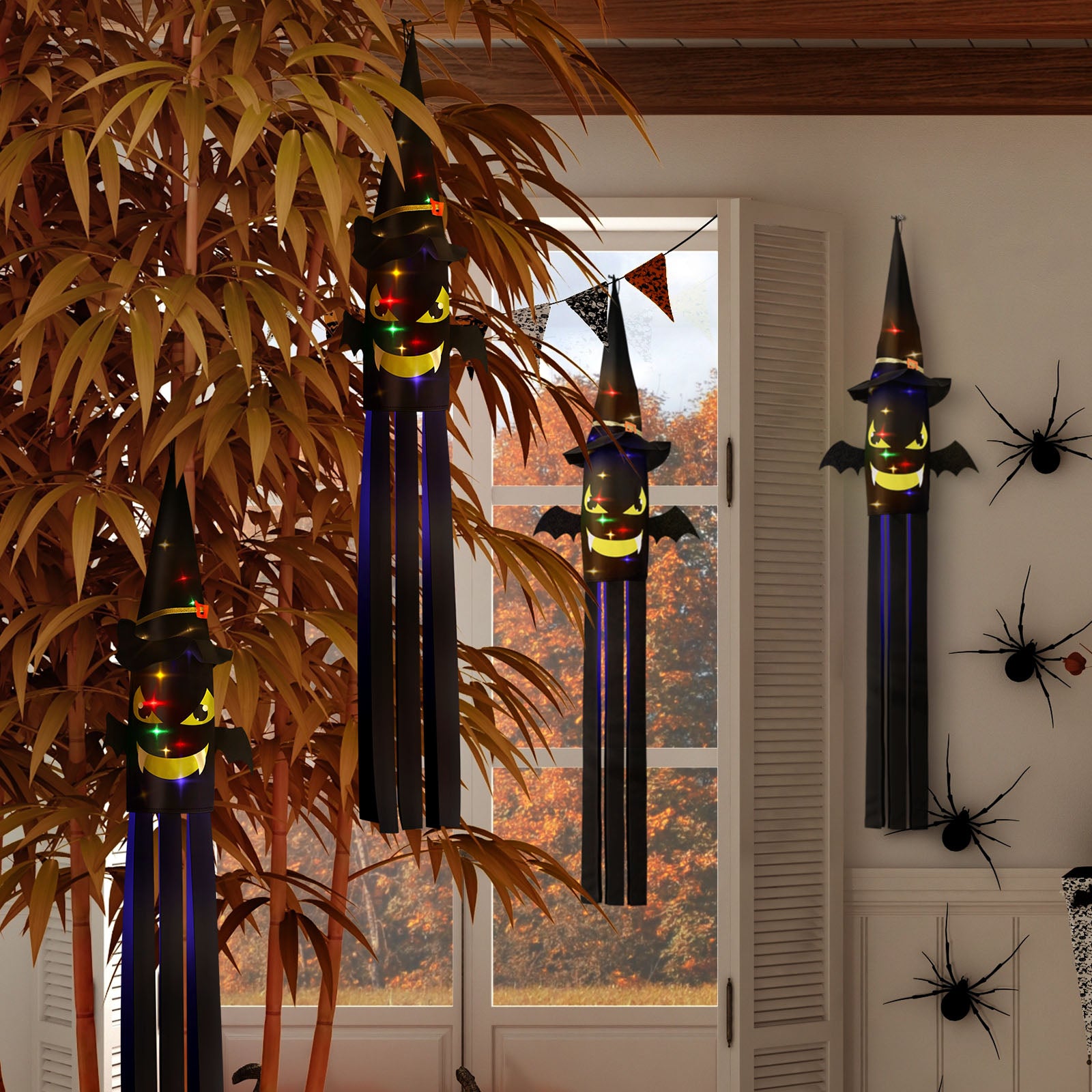 Halloween LED Bat Windsock Decoration, 53.5inch Lighted Hanging Witch Hat Wind Sock for Outdoor Yard, Porch & Party Decor