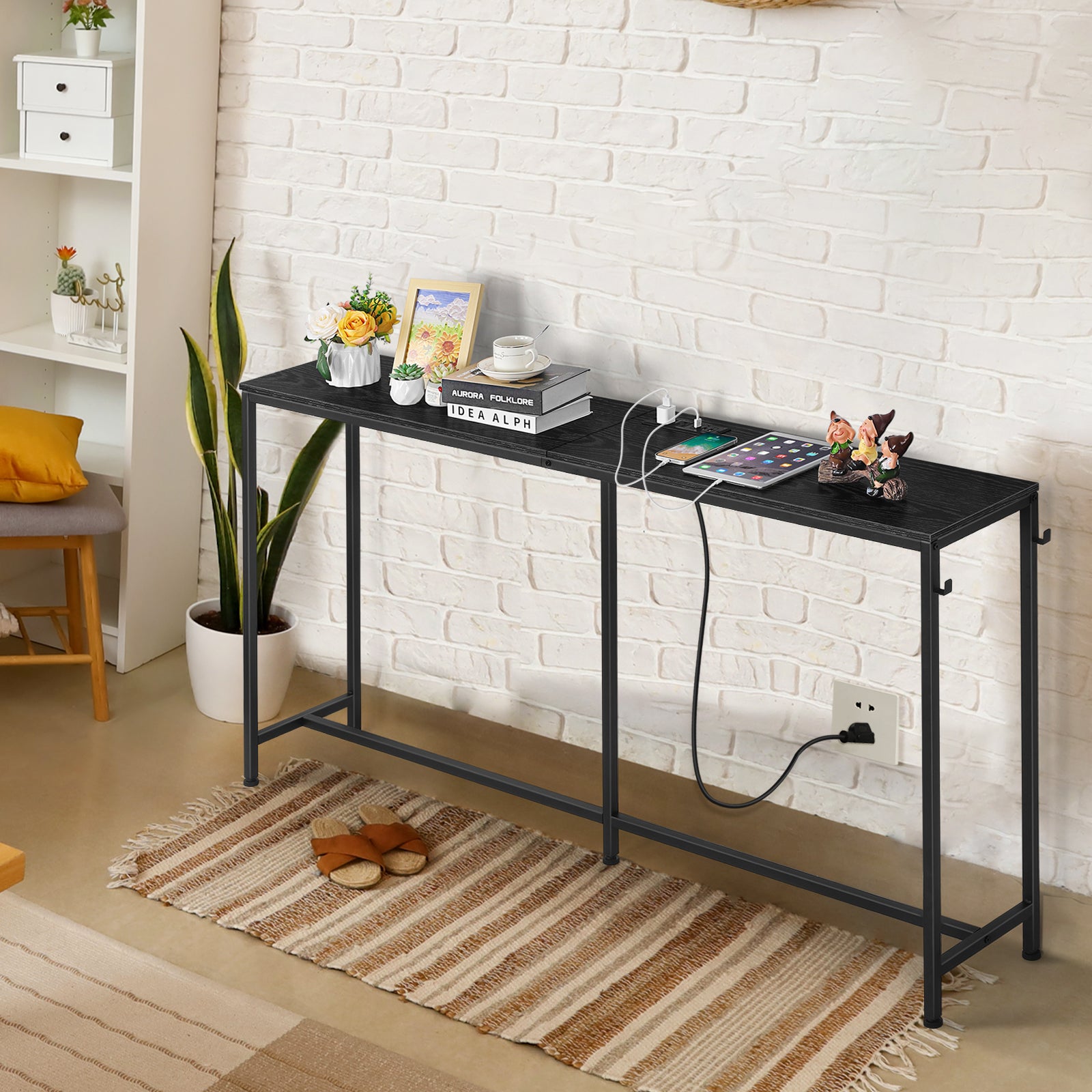 Narrow Entryway Console Table with Power Outlet and USB Ports - Sleek Black Sofa Table with Integrated Charging Station and Utility Hooks for Hallway and Living Room Decor