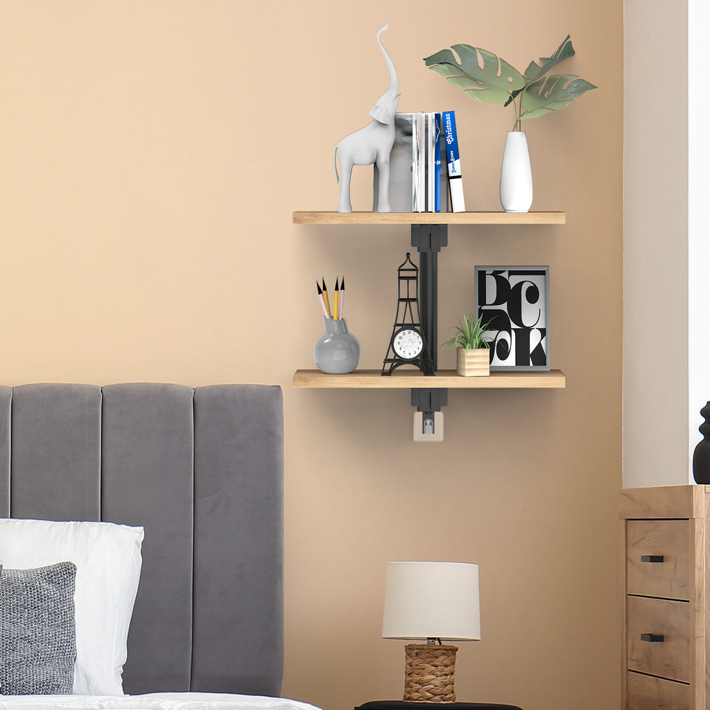 2-Tier Floating Wall Shelves, Wood & Metal Decorative Storage Rack for Bedroom & Living Room