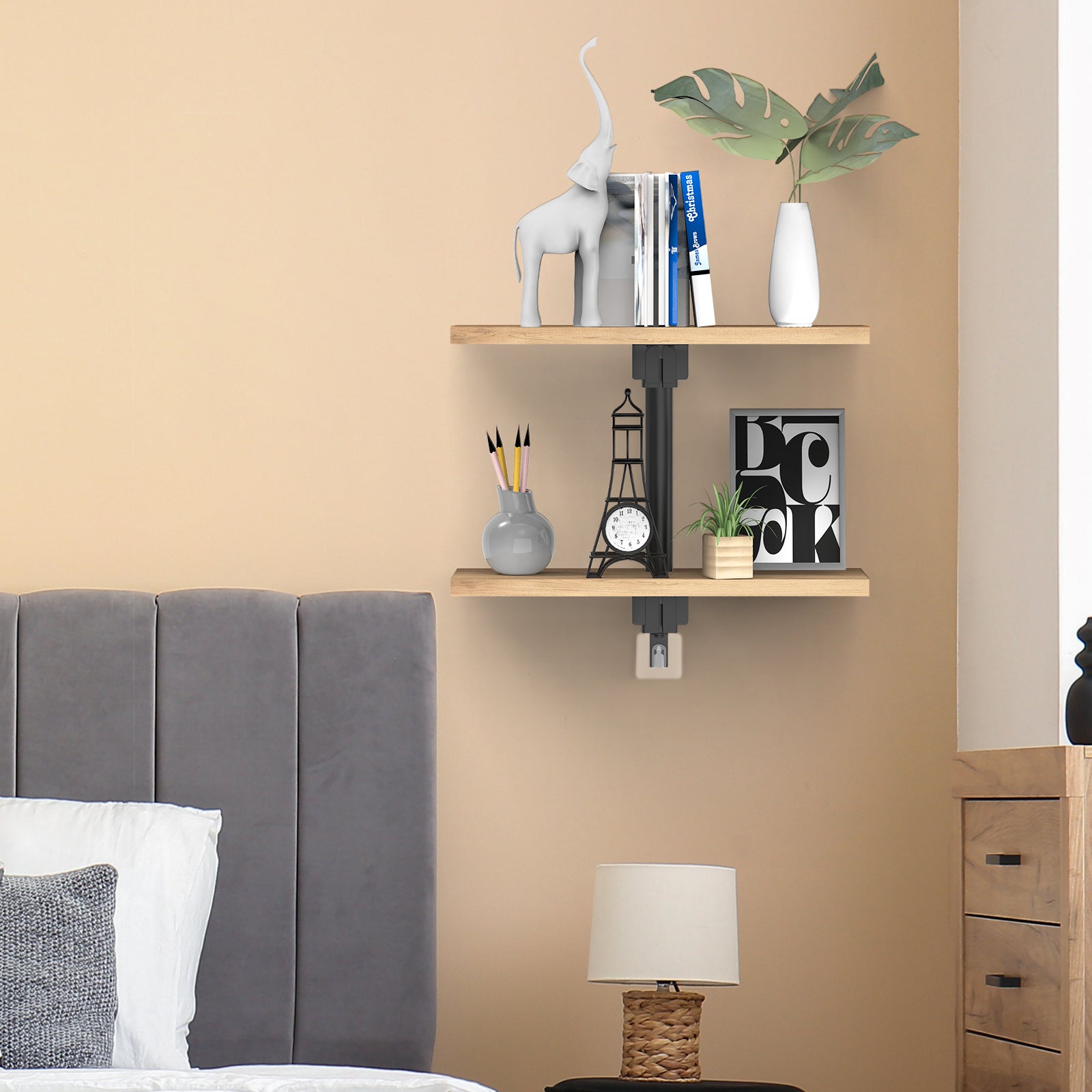 2-Tier Floating Wall Shelves, Wood & Metal Decorative Storage Rack for Bedroom & Living Room