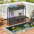 2-Tier Elevated Garden Planter with Trellis - Raised Flower Box with Climbing Plant Support, Gray,