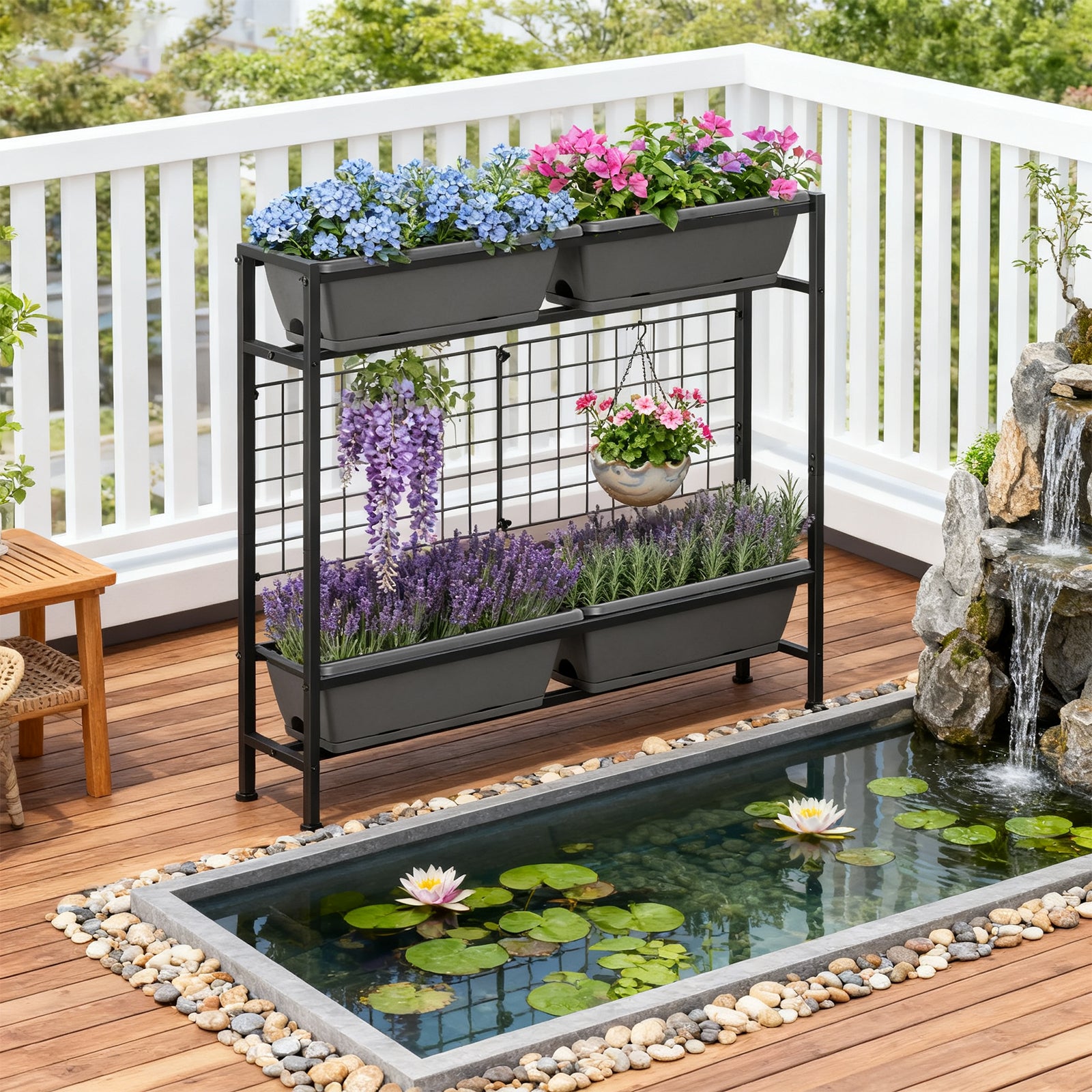 2-Tier Elevated Garden Planter with Trellis - Raised Flower Box with Climbing Plant Support, Gray,