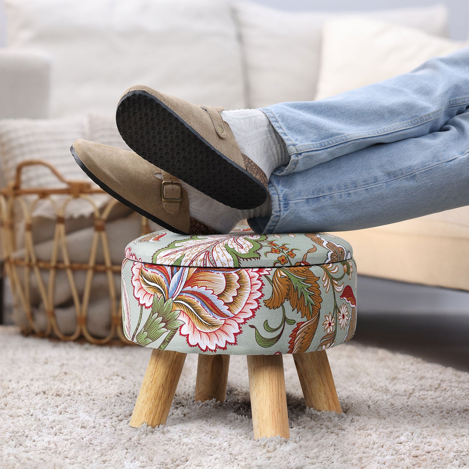 Round Storage Ottoman w/ Reversible Tray Lid - Upholstered Footrest Pouf for Living Room/Dorm, Red