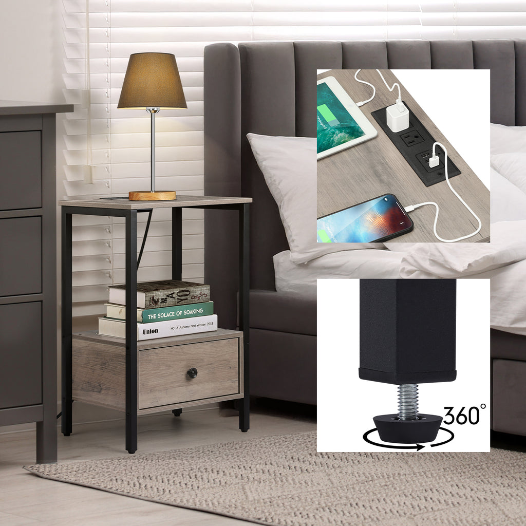 Set of 2 Nightstands with Charging Station & Fabric Drawers, 24" H Gray Bedside Tables for Apartment & Small Bedroom,