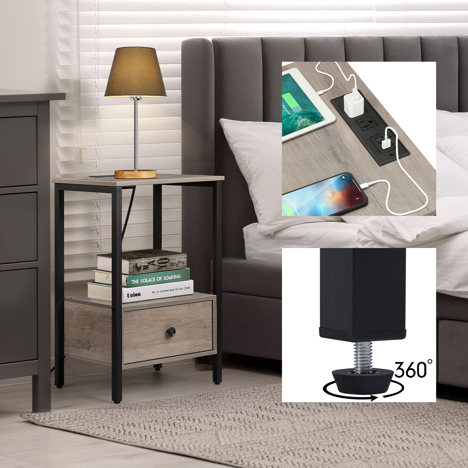 Set of 2 Nightstands with Charging Station & Fabric Drawers, 24" H Gray Bedside Tables for Apartment & Small Bedroom,