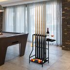 Space-Saving Bamboo Pool Cue Rack - Floor Stand Holder for 10 Billiard Sticks & Balls, Black