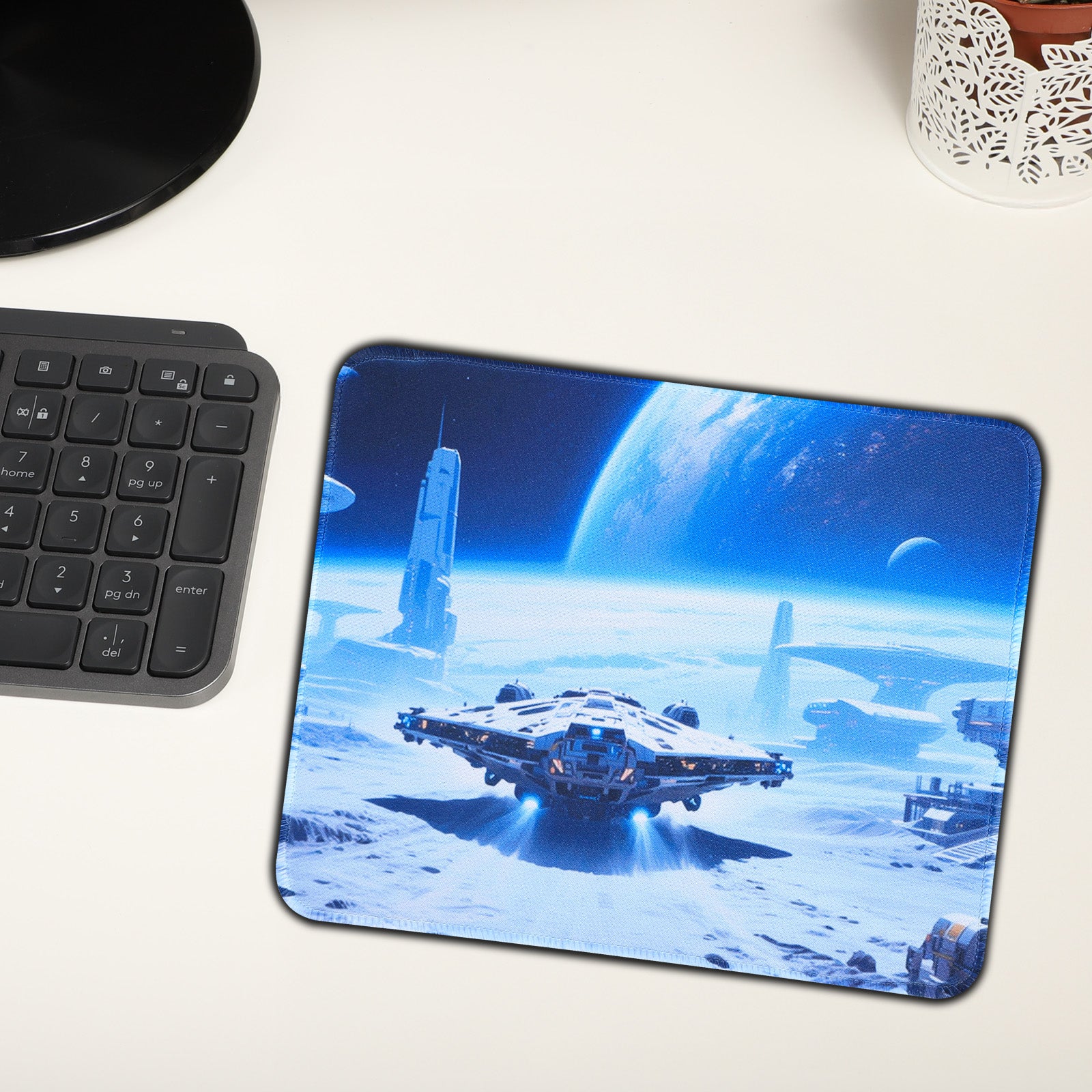 3-Piece Sci-Fi Space Station Desk Mat Set, Futuristic Galactic Mouse Pad & Cup Mat for Home Office