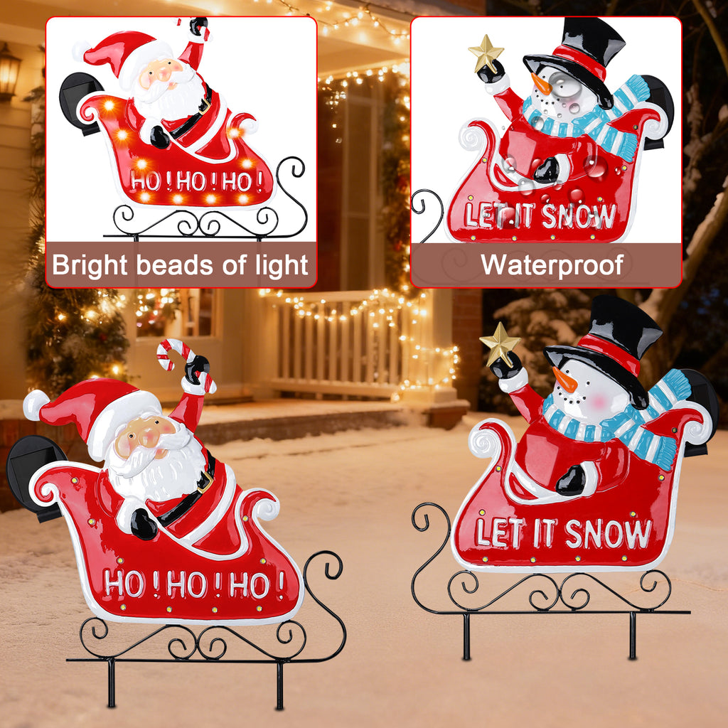 2-Pack Solar Christmas Metal Garden Stakes - LED Lighted Sleigh Signs for Pathway & Lawn Decor