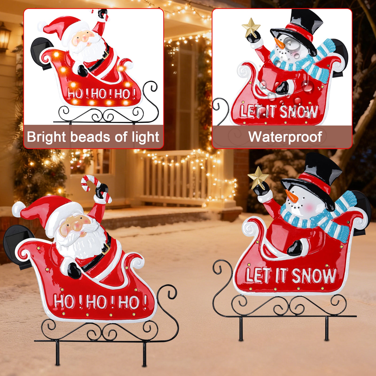 2-Pack Solar Christmas Metal Garden Stakes - LED Lighted Sleigh Signs for Pathway & Lawn Decor