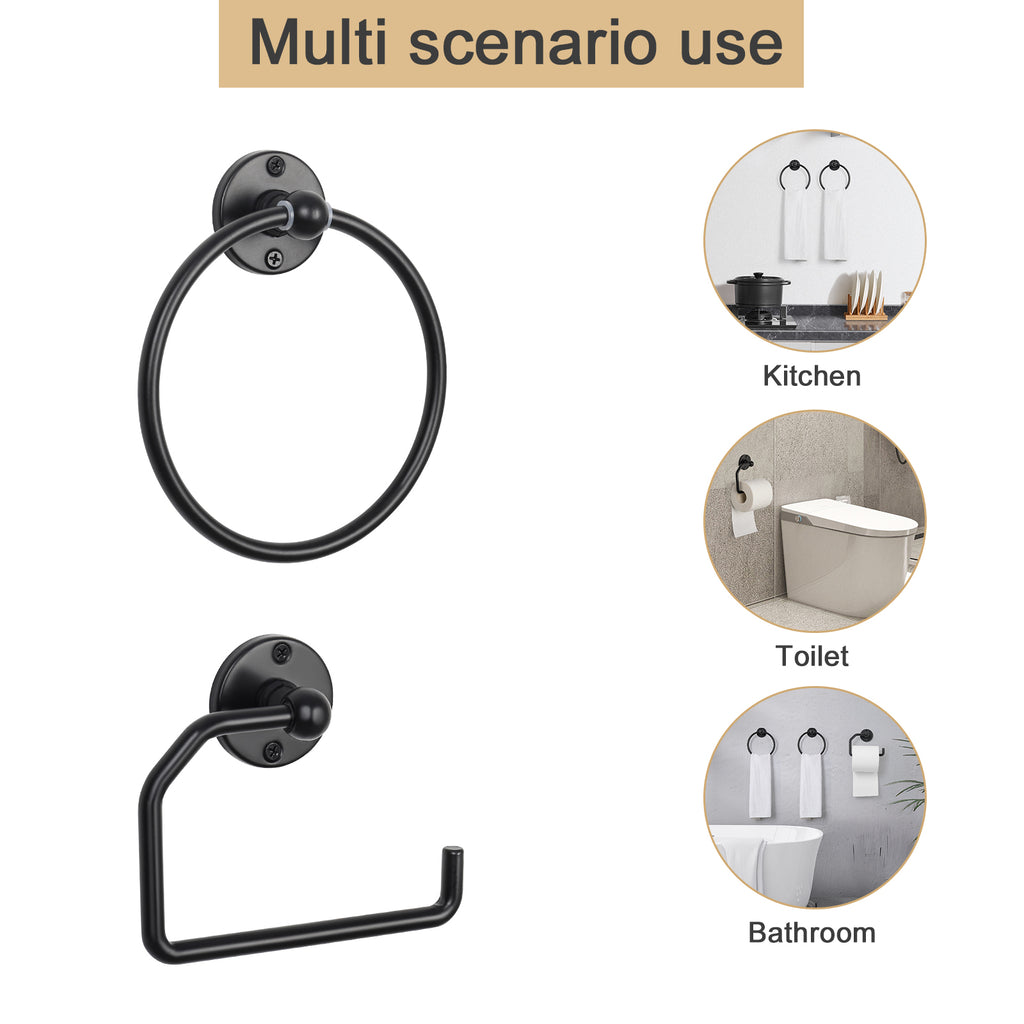 Matte Black Bathroom Hardware Set (3-Piece) - Towel Rings & Toilet Paper Holder Kit