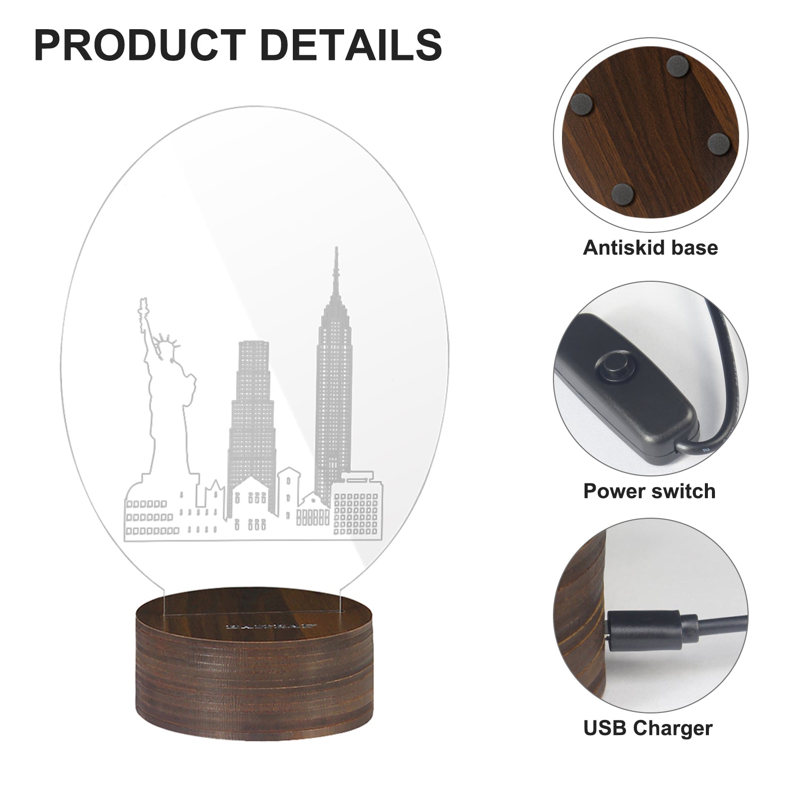 New York City Skyline 3D Acrylic Night Light, Statue of Liberty & Empire State Building LED Table Lamp with Wooden Base, USB Powered Decor Desk Lamp, Anti-Slip Base Bedroom Bedside Decor Lamp, Creative Souvenir Gift for Home Decor