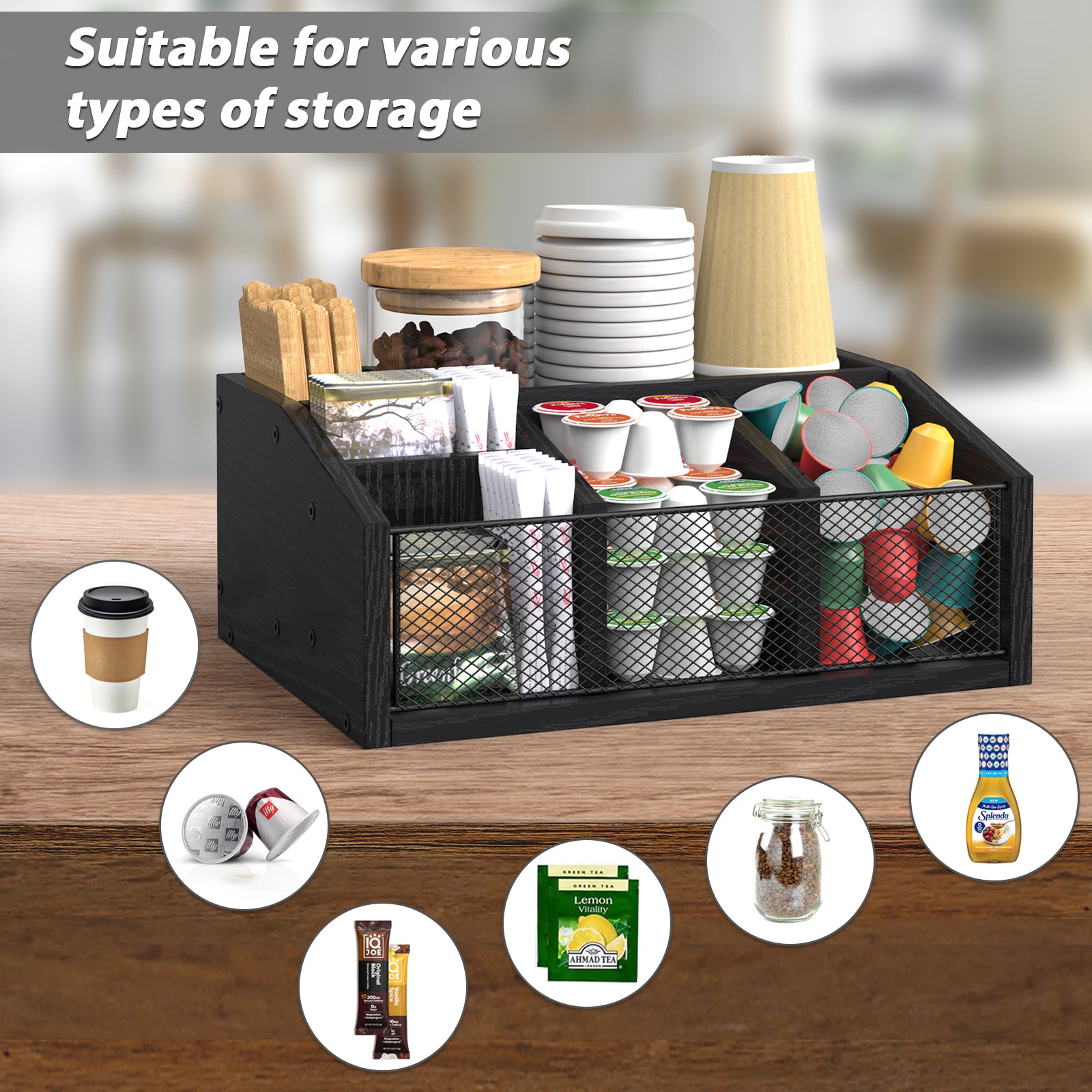 Countertop Coffee Station Organizer - 5-Compartment Coffee Bar Accessory Box for Pods & Condiments,