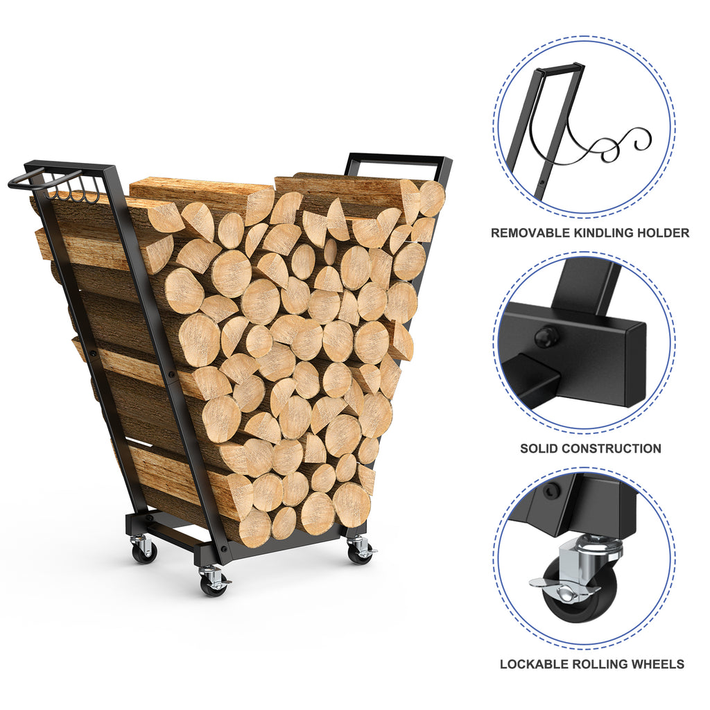 Rolling Firewood Cart with Handle & 4 Hooks, Portable Log Rack for Indoor/Outdoor Use, with Removable Kindling Rack,