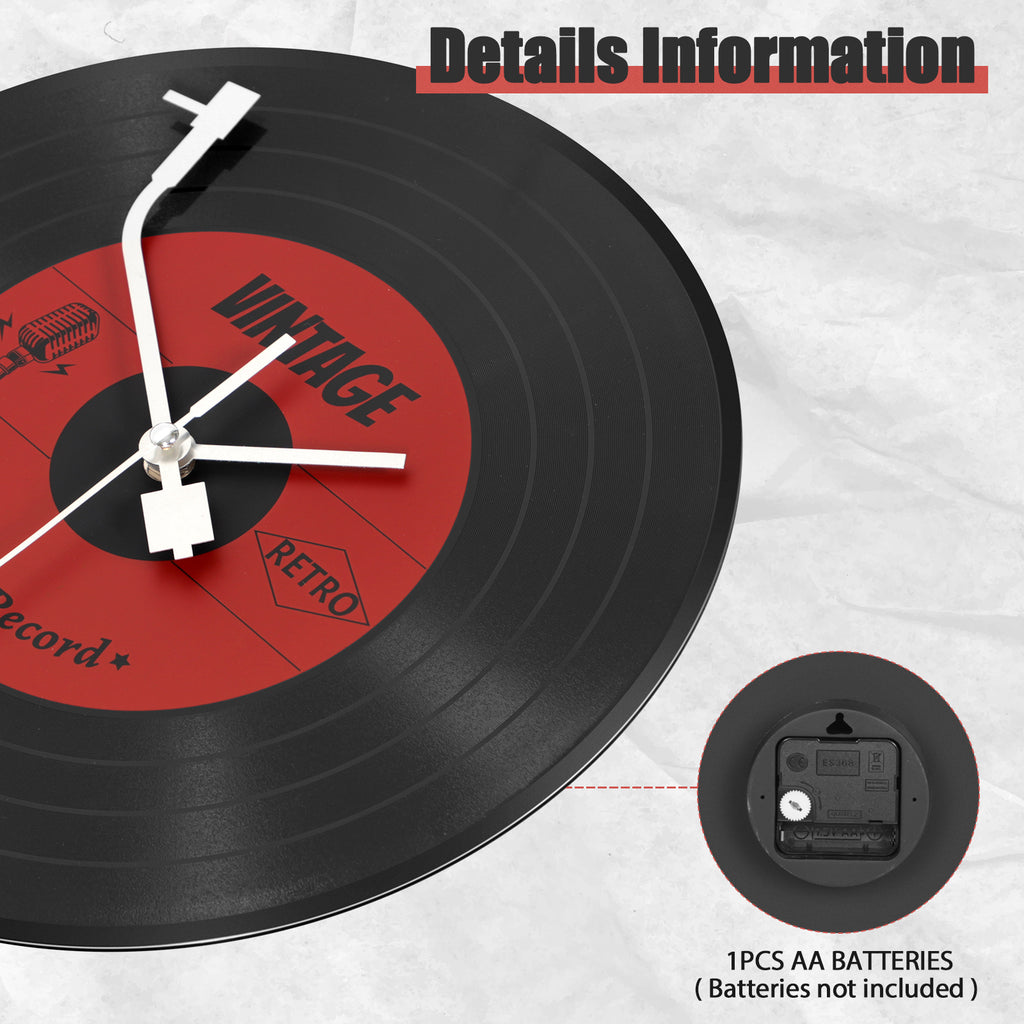 1*8inch Vinyl Record Wall Clock - Creative Retro Music Record Decorative Clock - Silent Non-Ticking for Music Lovers