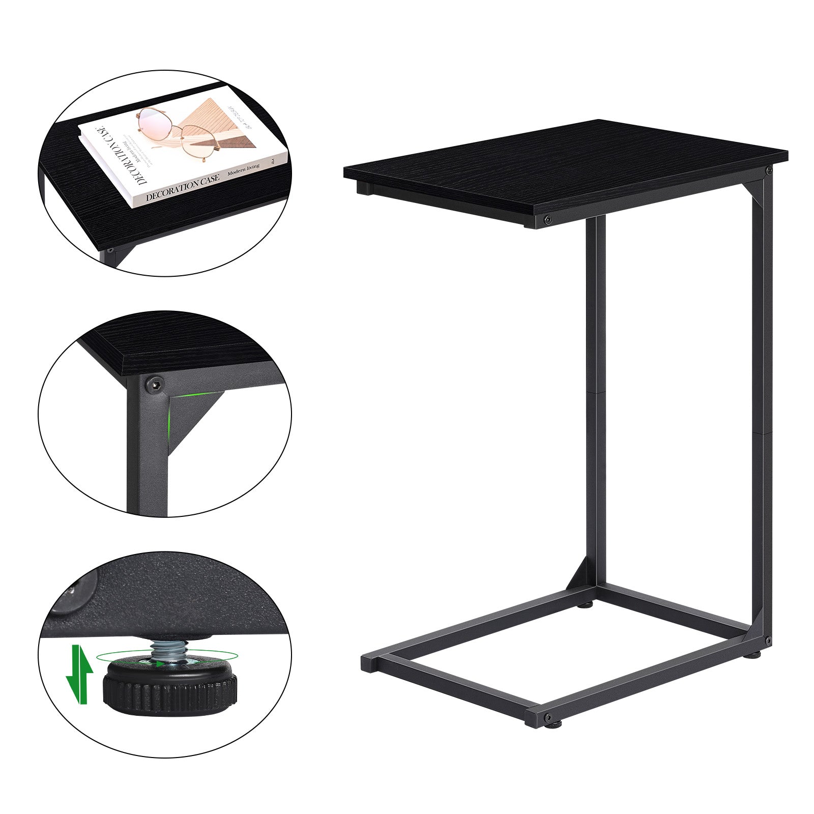 2-Pack C-Shaped Side Table Set - Slim End Tables for Sofa & Bedside, Space-Saving Snack Tray for Laptop & Drinks, Industrial Metal Frame, Black
