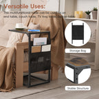 2-Pack Rustic C-Shaped Side Tables with Storage Bag - Slim Sofa End Tables for Living Room & Bedroom, Space-Saving Snack & Laptop Tray
