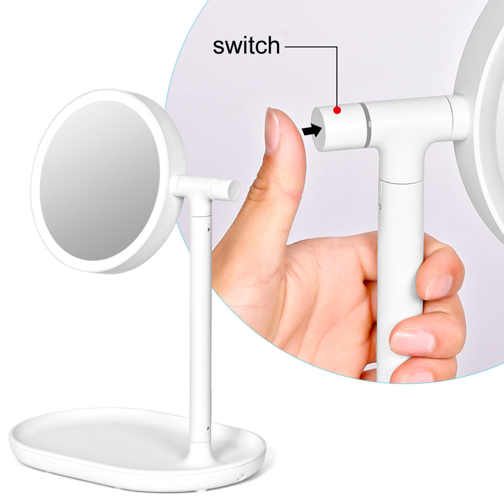 Round LED Makeup Mirror Table Lamp, 360Â° Swivel Vanity Mirror with Storage Tray Base (White)