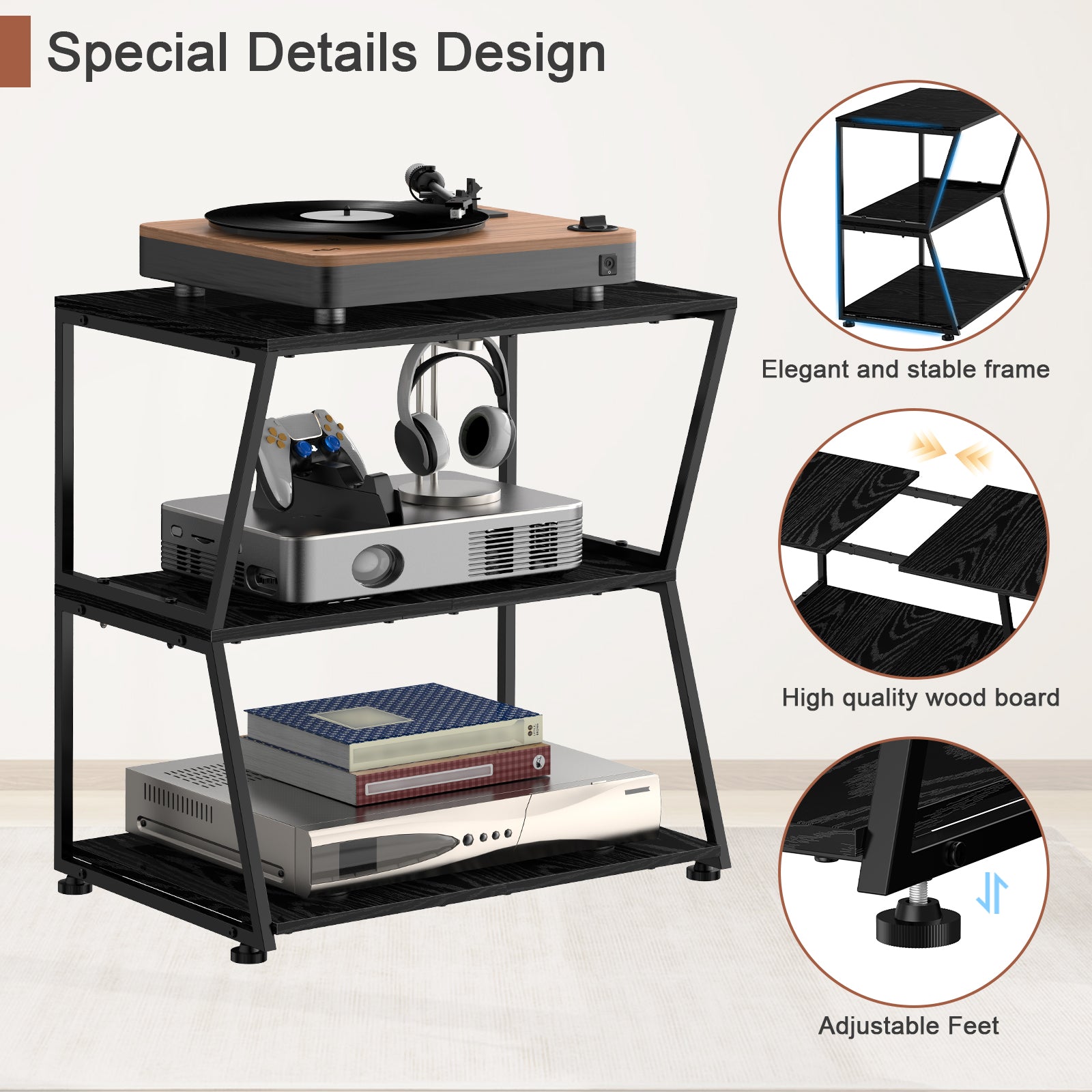 3-Tier Media Stand & Record Player Table - Industrial AV Audio Rack for DVD Players, Game Consoles & WiFi Routers, Stylish Living Room Organizer
