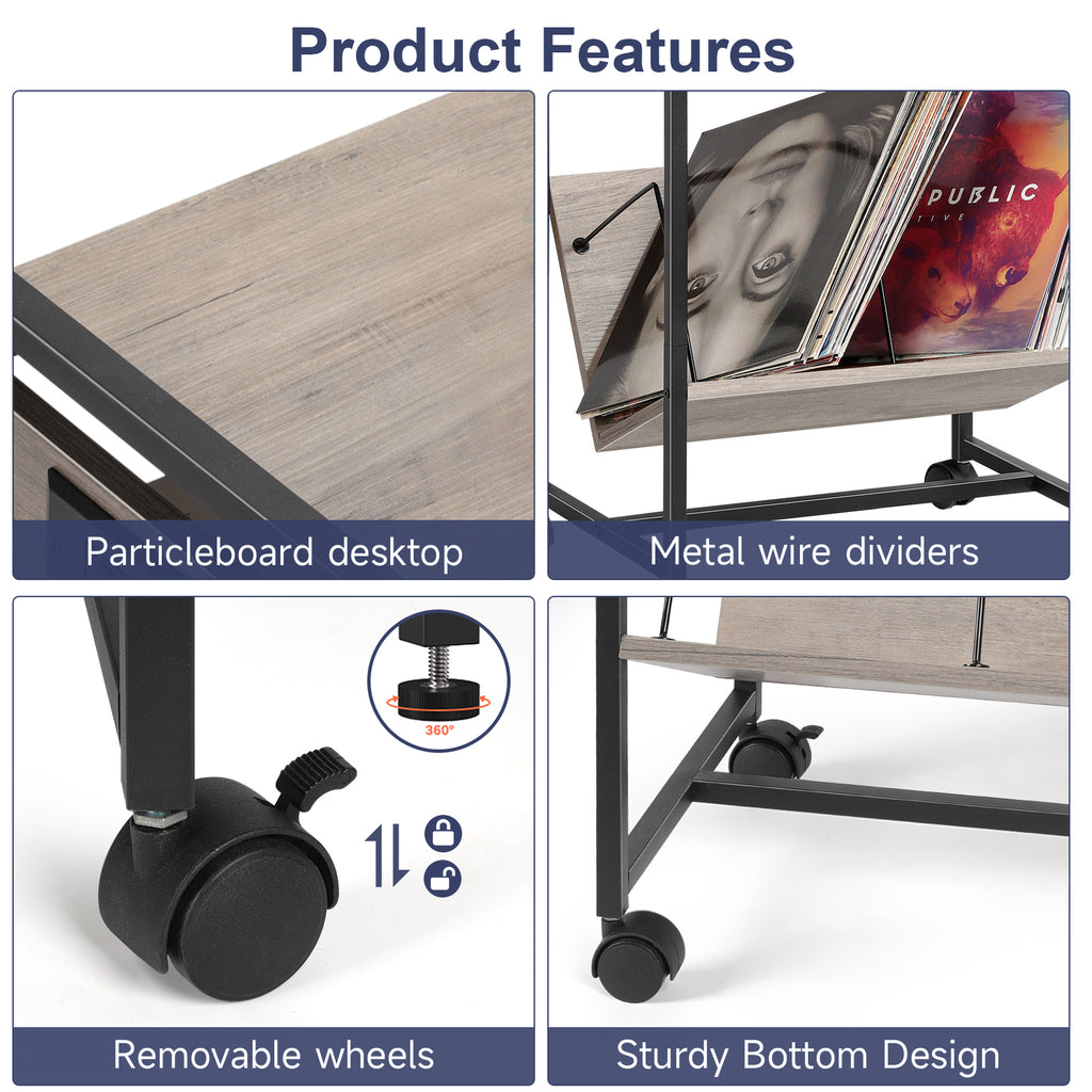 Rolling Record Player Stand with Charging Station, Grey End Table with Vinyl Record Storage, Turntable Stand with USB Ports for Living Room, Bedroom