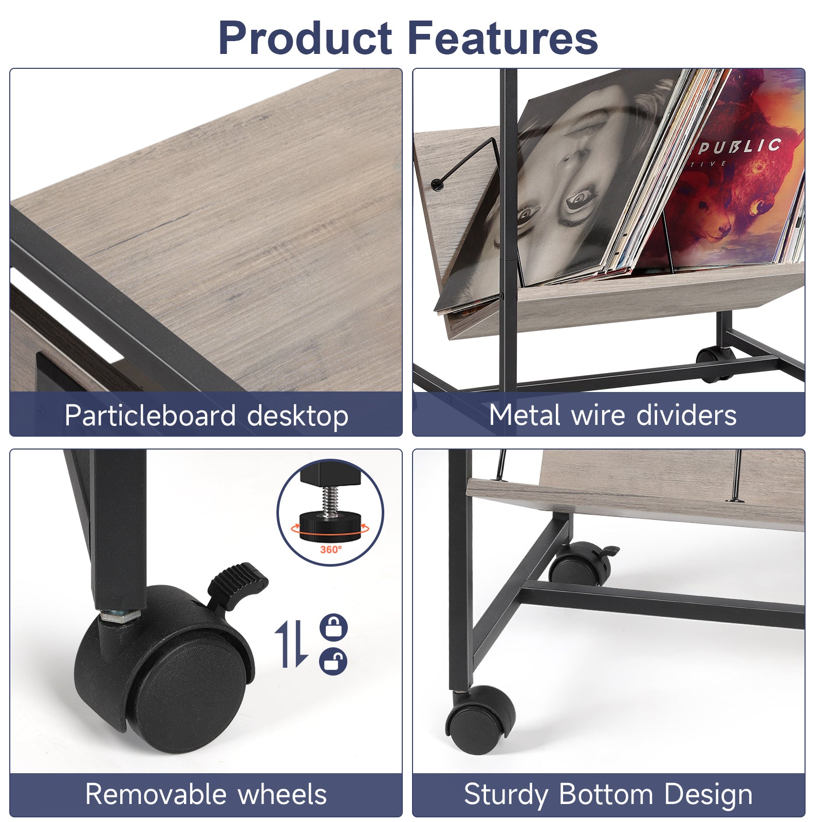 Rolling Record Player Stand with Charging Station, Grey End Table with Vinyl Record Storage, Turntable Stand with USB Ports for Living Room, Bedroom