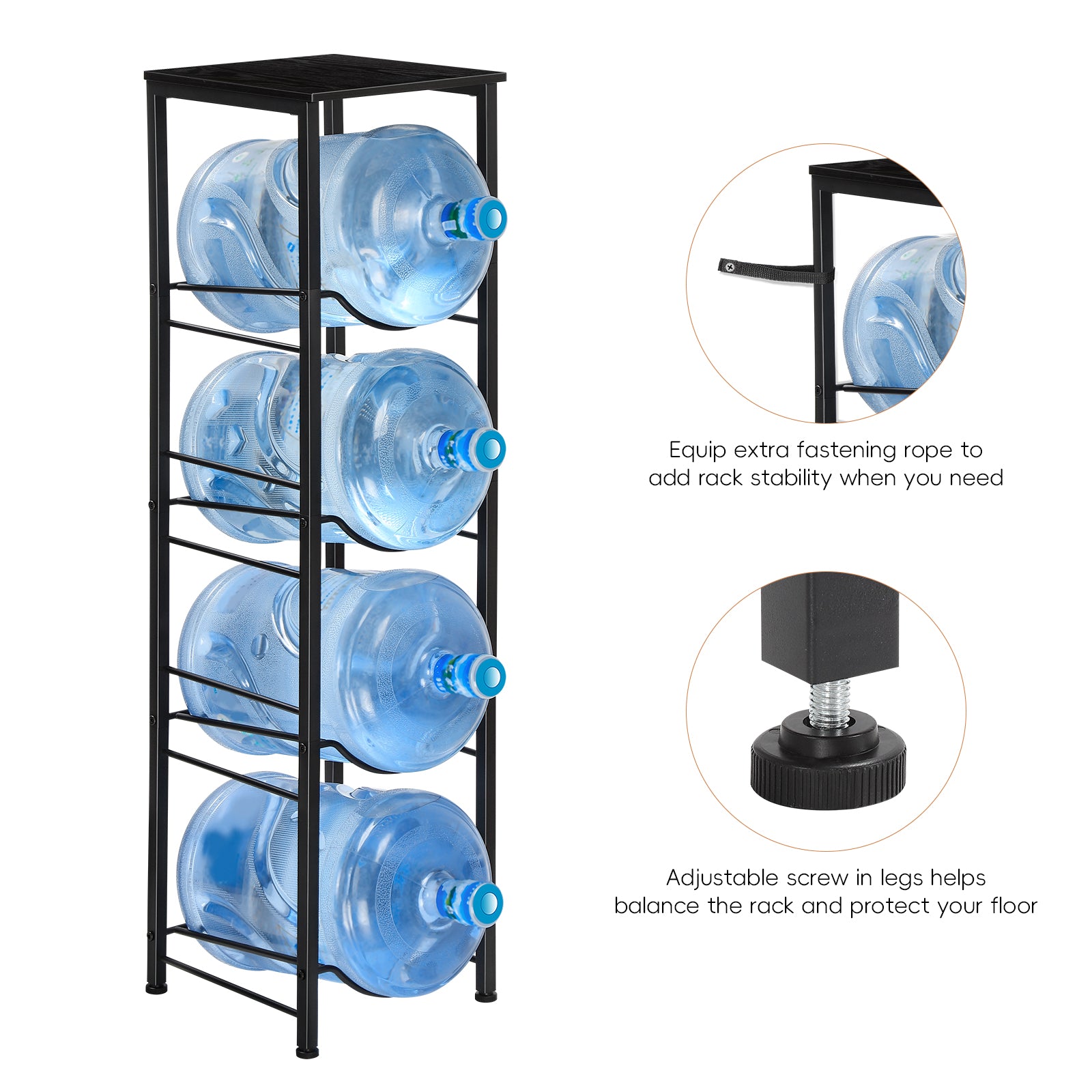Heavy-Duty 4-Tier Water Bottle Storage Rack with Display Top - 5 Gallon Water Jug Organizer Stand for Home & Office, Space-Saving Black Finish