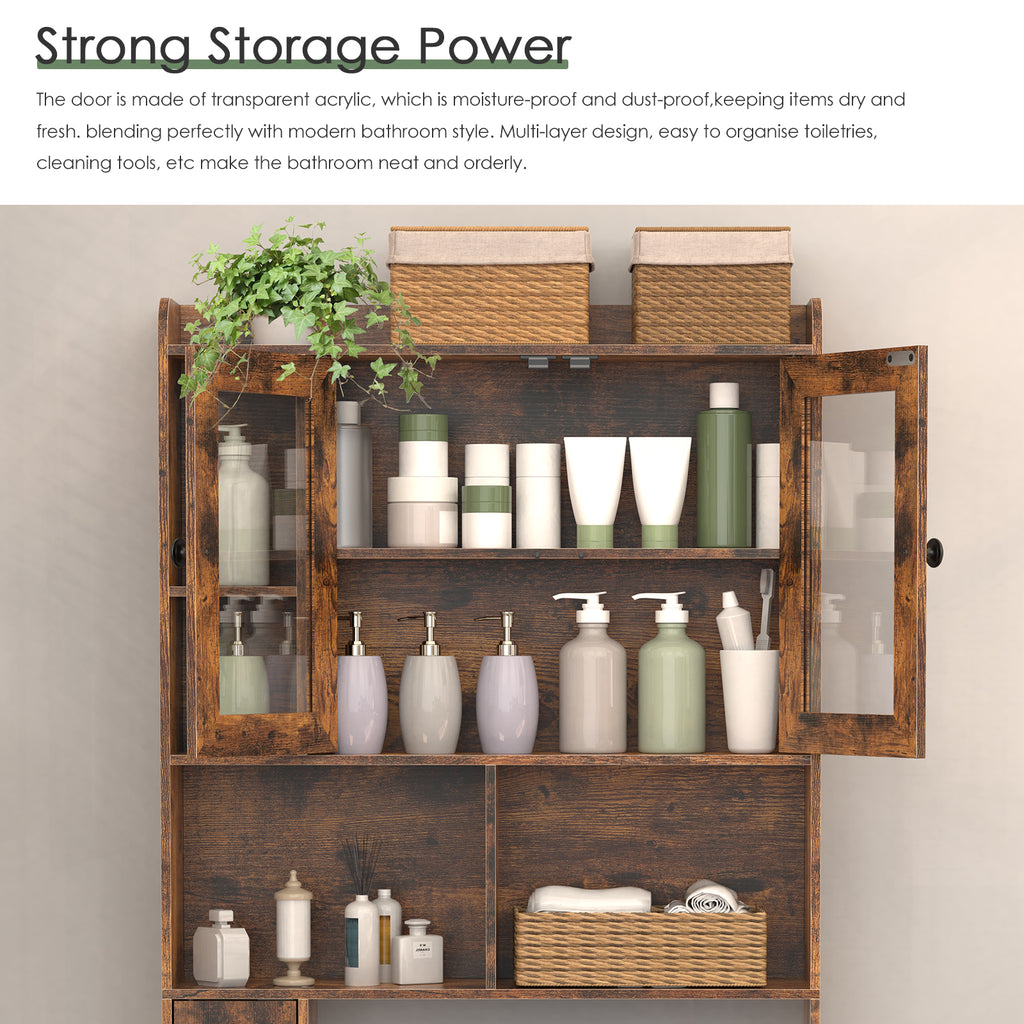 Rustic Brown Over-the-Toilet Storage Cabinet - Space-Saving Bathroom Organizer with Glass Doors & Side Compartment