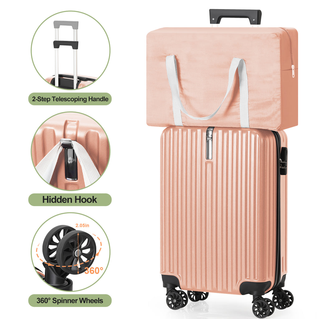 2 Piece Carry On Luggage Set with Bonus Foldable Duffel Bag, 20 Inch Spinner Suitcase with Built-in Hook for Extra Bag, TSA Lock, Telescopic Handle Perfect for Back to School, Business Trip and Weekend Getaway