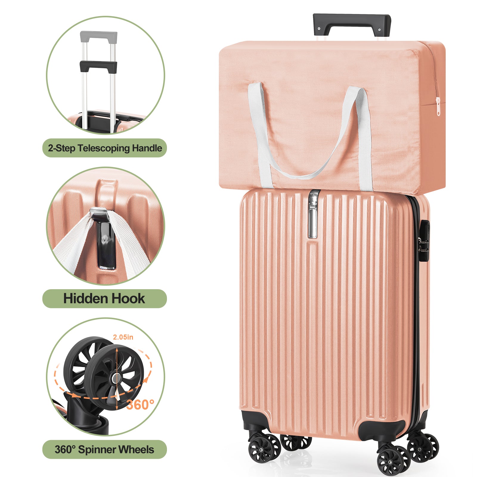2 Piece Carry On Luggage Set with Bonus Foldable Duffel Bag, 20 Inch Spinner Suitcase with Built-in Hook for Extra Bag, TSA Lock, Telescopic Handle Perfect for Back to School, Business Trip and Weekend Getaway