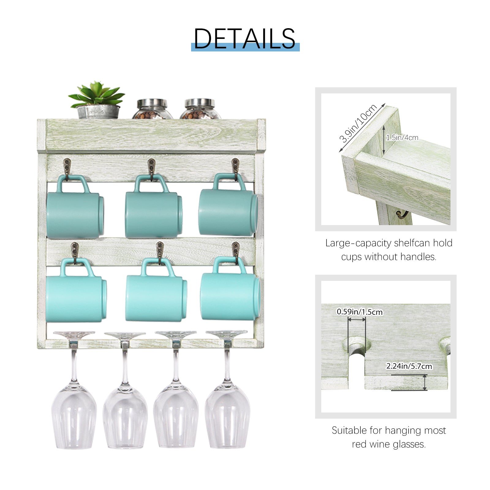 Mug Rack Shelf for Wall Coffee Mug Holder with 6 Hooks and 4 Glasses Hanging Cups Organizer Wall Mount with Shelf Wood Cups Organizer 3 Tier Mugs Display and Collection for Home Kitchen