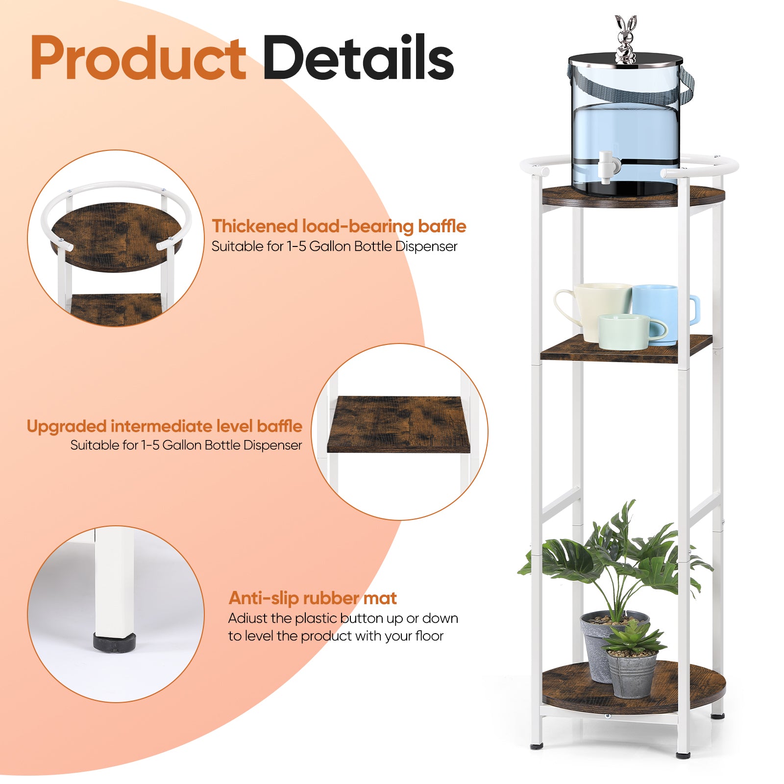 Water Dispenser Stand 5 Gallon - 3-Tier Water Cooler Jug Storage Rack w/ Shelves, Rustic Brown/White