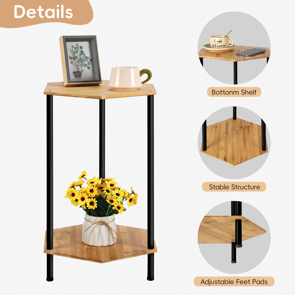 Set of 2 Hexagon Bamboo Side Tables - 2-Tier Modern Rustic Nightstands for Bedroom - Space-Saving End Tables for Living Room & Small Spaces