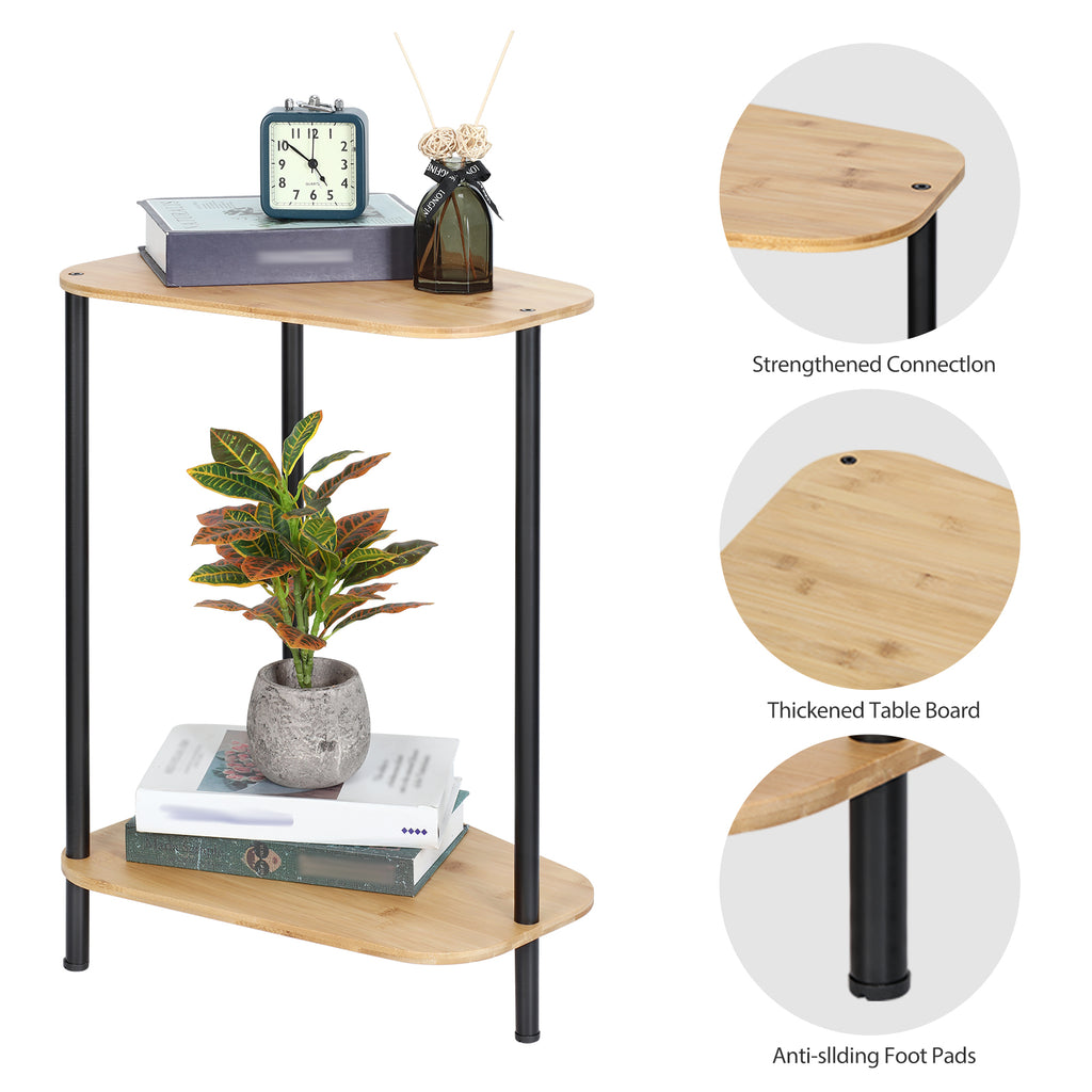 Modern Triangle Bamboo End Table Set (2 Pieces) - 2-Tier Storage Side Tables with Metal Legs